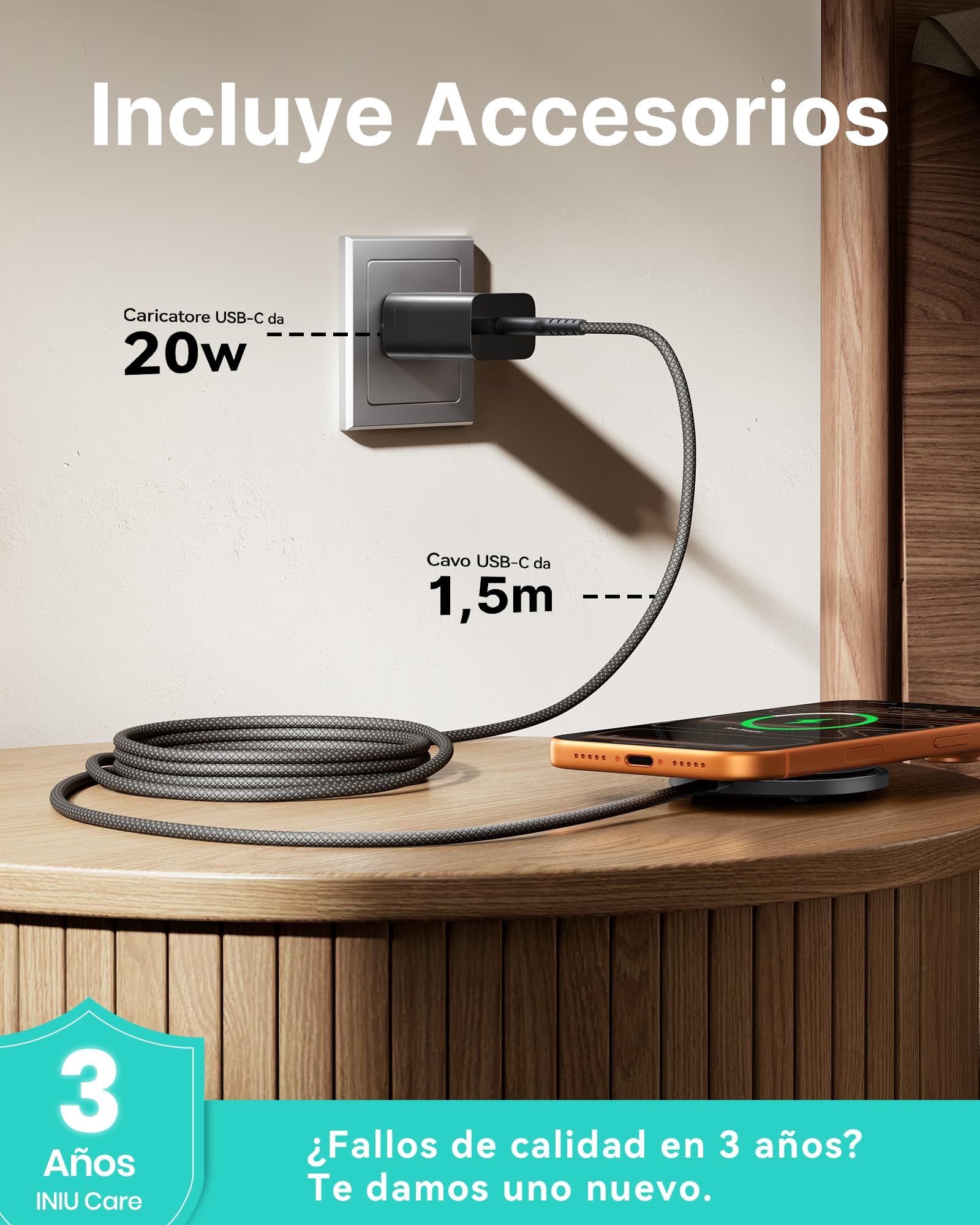 INIU Cargador Inalámbrico iPhone, 15W Certificado Qi2 Base Carga Rápida Magnética y Soporte Móvil, Mag-Safe Wireless Charger for iPhone 17 16 15 14 13 Pro Max Mini AirPods 4 3(con Adaptador USB C 20W)