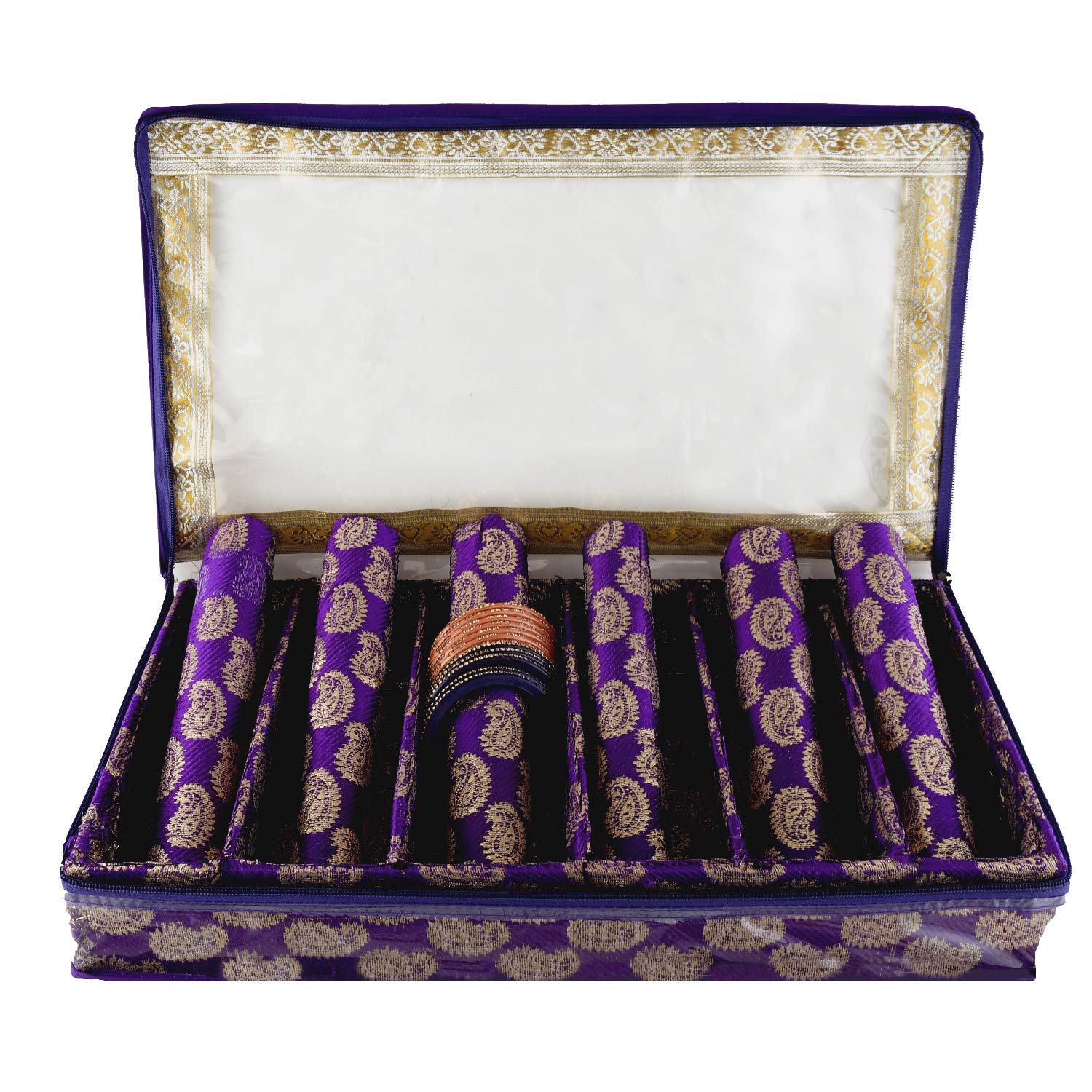 Kuber Industries Carry Design Brocade Hardboard Six Rod Bangle Box (Purple) -CTKTC38782