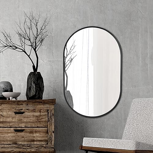 Miniatura 6 de Espejo de pared ovalado, espejo ovalado negro de 20 x 28 pulgadas, espejo de pared ovalado, marco de metal, para colgar vertical y horizontal, ideal