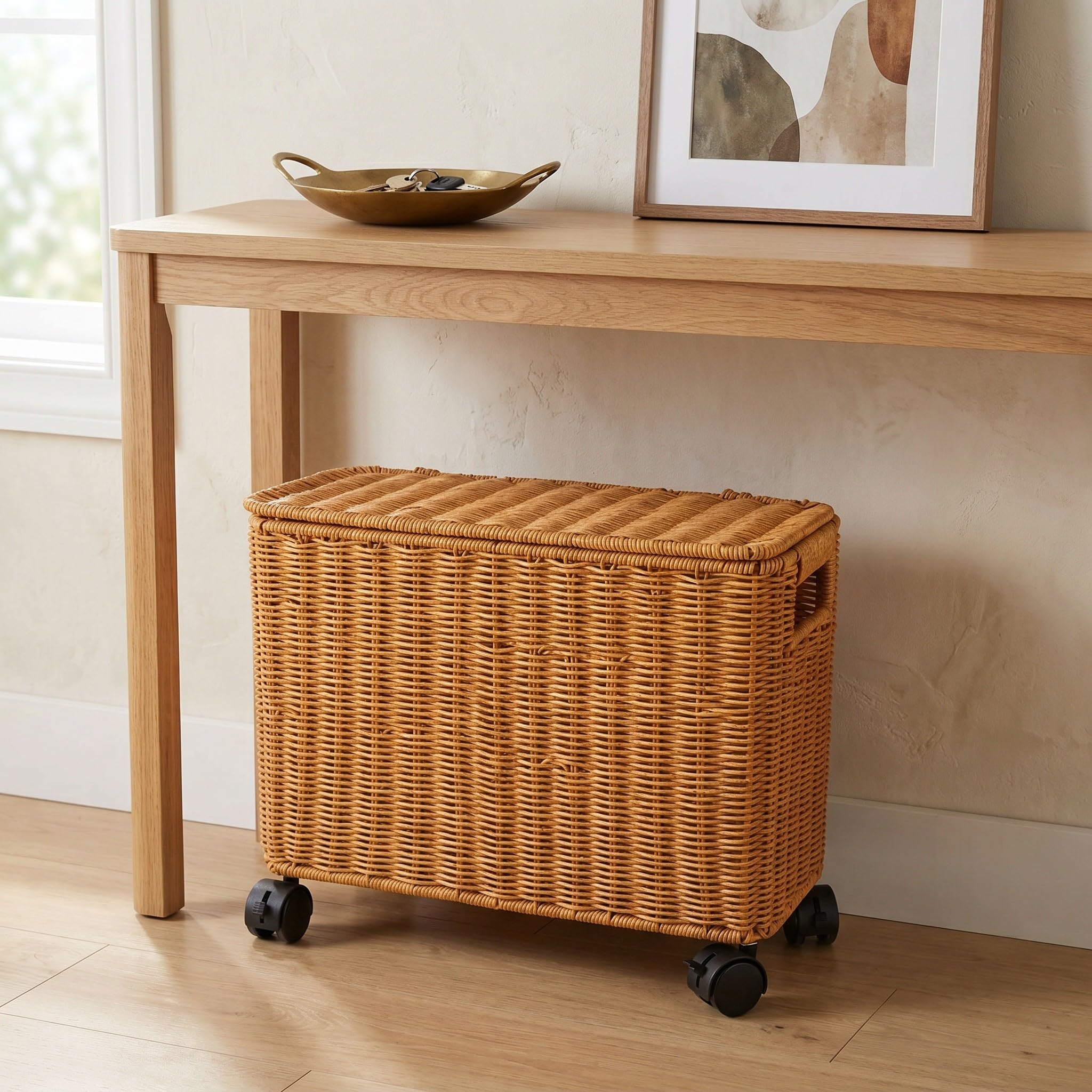 FRCOLOR Caja de Almacenamiento Rectangular de Pe Color Caqui Estilo Mimbre con Tapa y Ruedas, Soporte para Apilamiento Vertical y Alta Capacidad de Peso, Adecuado para Pasillos y Baños