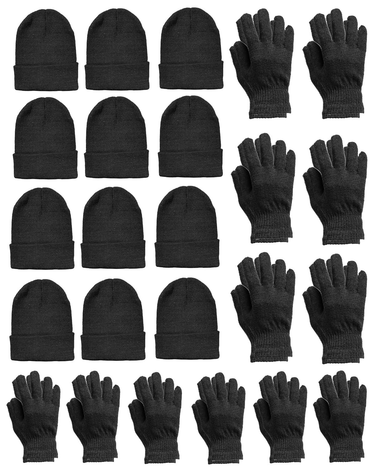 24 Piece Winter Set - 12 Pack Beanie Hats + 12 Pairs Winter Gloves, For Men & Women, Bulk Cold Weather Kits