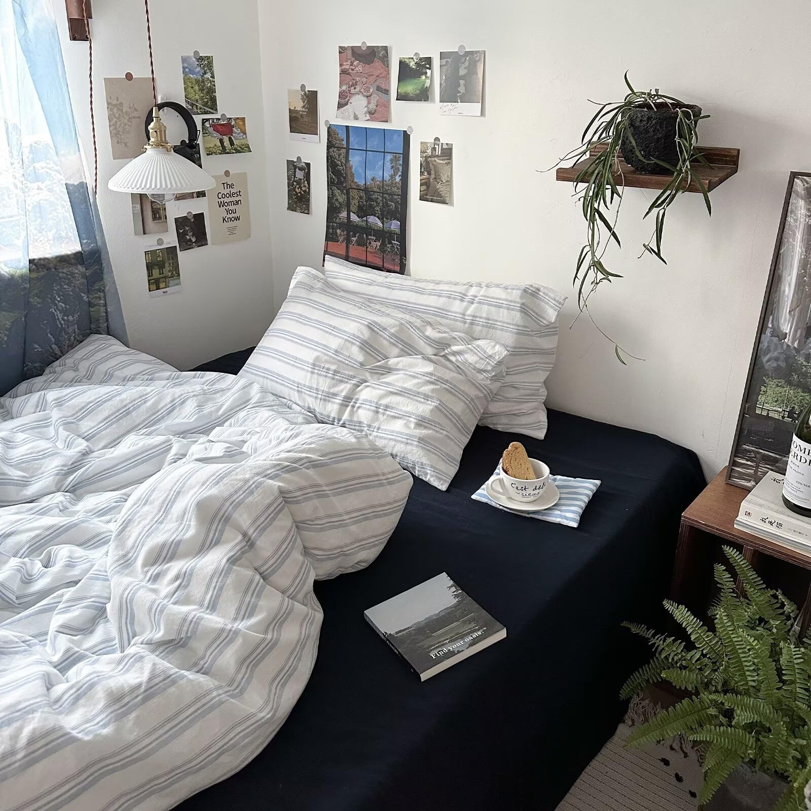 MKXI Twin Size Duvet Cover Set - 100% Washed Cotton Blue &amp; White Striped Bedding, Soft &amp; Breathable 3-Piece Set with Zipper Closure &amp; Corner Ties, Modern Coastal Vintage Style