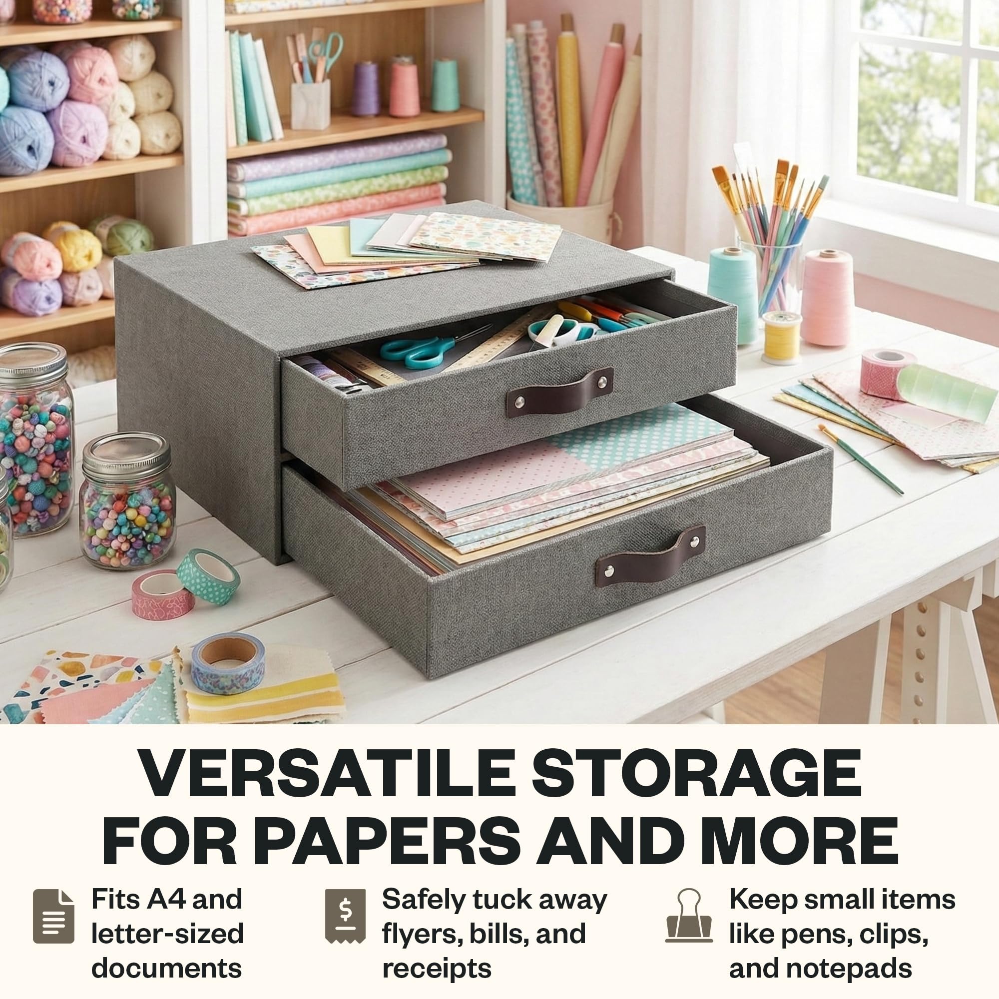 Bigso Birger 2-Drawer Canvas Fiberboard Easy Pull Handle Document Letter Box Desktop Drawers for Loose Papers and Documents — view 5