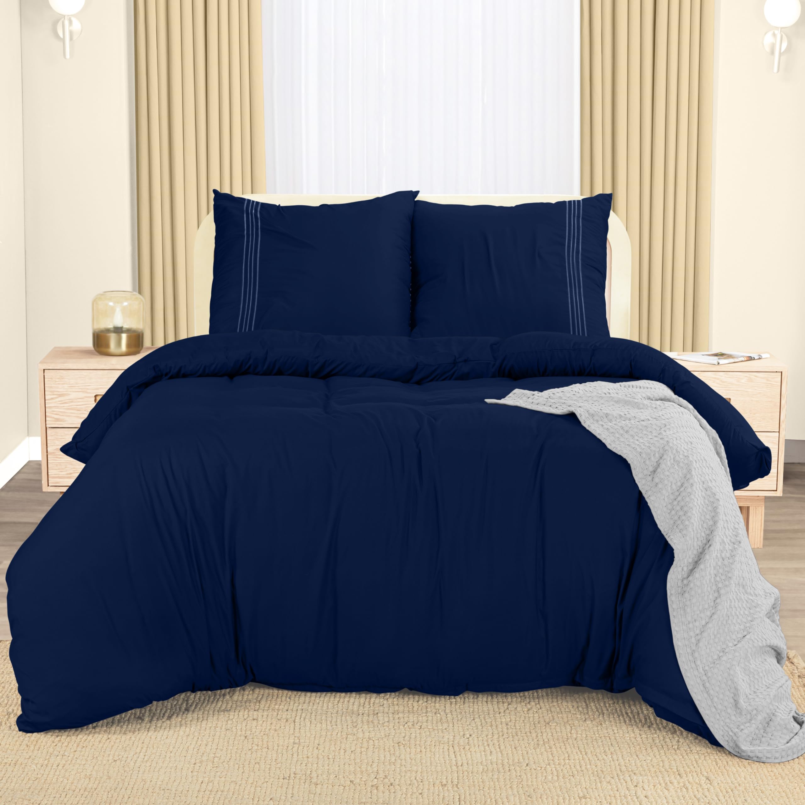 Utopia Bedding Bettwäsche 220x240 Set - Mikrofaser Bettbezug 240x220 cm + 2 Bestickte Kissenbezüge 65x65 cm - Marineblau