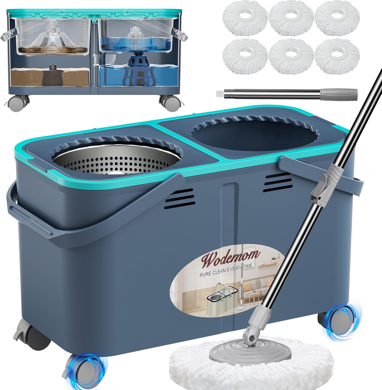 2025 Gen 2 Spin Mop and Bucket Set with 4 Swivel Wheels, Separates Clean and Dirty Water, 6 Washable Mop Heads - Grey/Blue