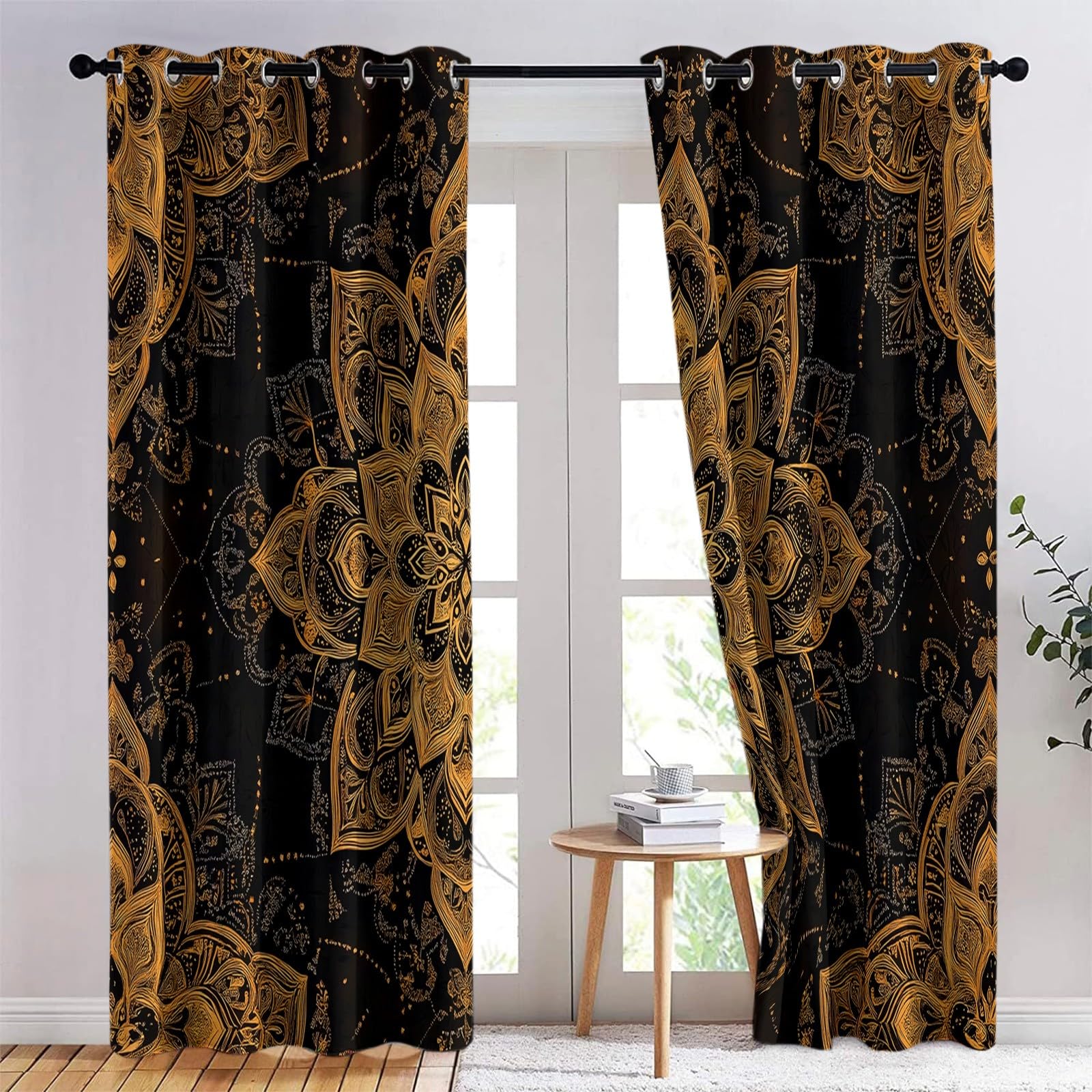 Tende Oscuranti per Interni 2 Pezzi 140x140 cm (LxA), Mandala Gold Tenda Coprente per Soggiorno, Termiche Isolanti Tendaggi per Interno con Anelli Finestra per Camera da Letto Salotto Cucina