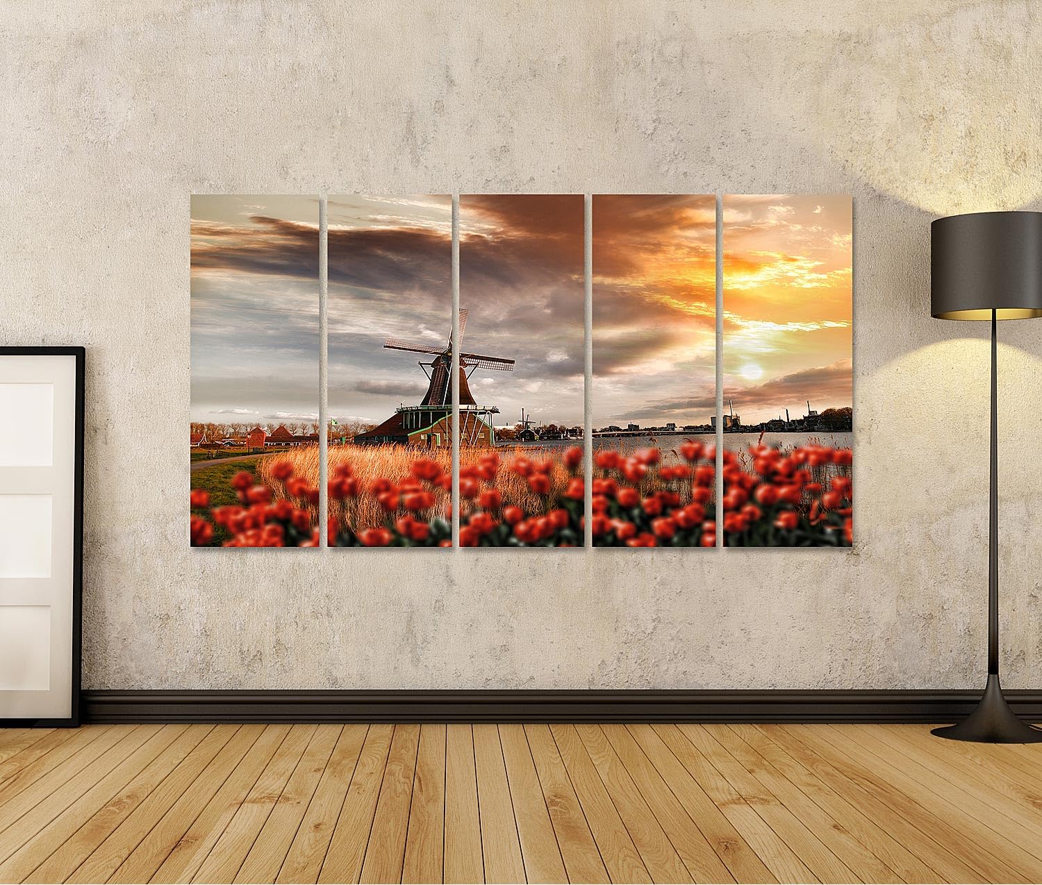 islandburner Quadro su tela Romantico mulino a vento rosso sera murale soggiorno per gli amanti della natura – 5 pezzi XXL