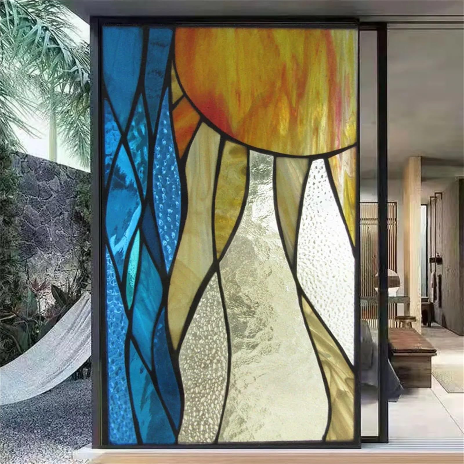 Fensterfolie Bunt Kirchenstil-Muster, PVC, mattierte Schiebetür-Dekorationsfolie, statisch haftend, nicht klebender Glasaufkleber(Color 1,50cmx160cm)