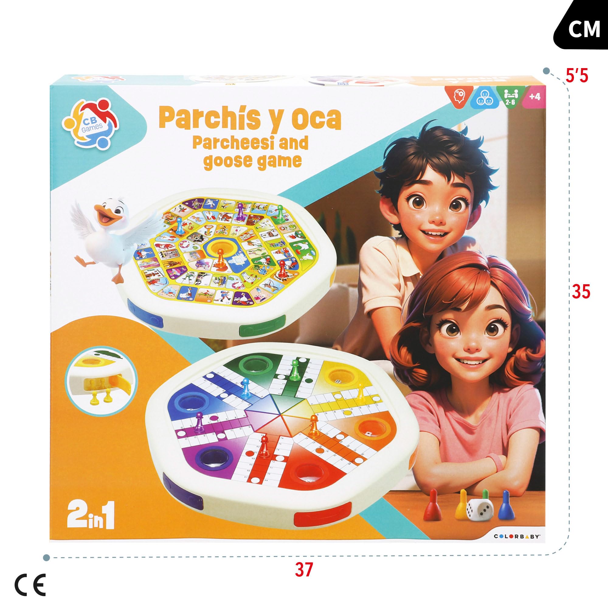 COLORBABY Juego parchís y oca automático, 2 en 1, Dados automáticos, 2-6 Jugadores, Juguetes clásicos, Juegos de Mesa, +4 años (47948)