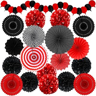 Red and Black Party Decorations, Papar Fans Pompoms Fans Garlands for Birthday Wedding Graduation Game Night Boy Girl Party Decorations