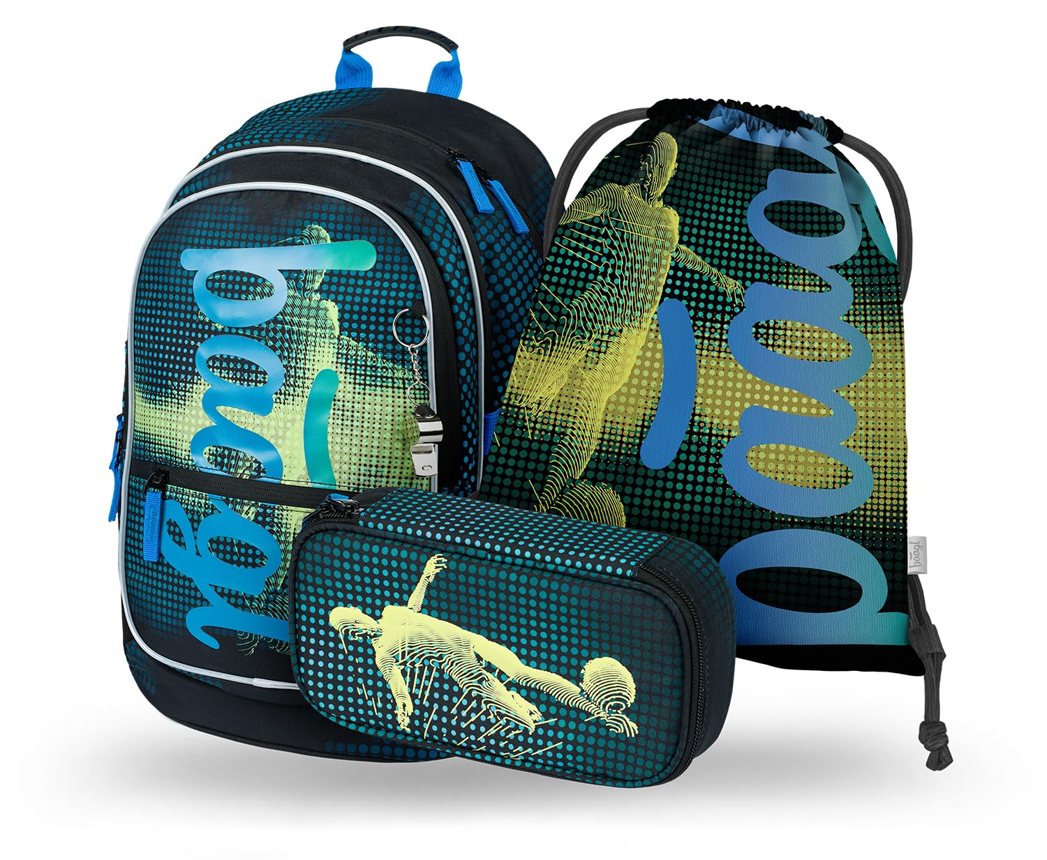 Baagl Schoolrugzak set jongens 3-delig (skateboardrugzak, mapje, sporttas), schooltas vanaf de 3e klas, basisschool rugzak met borstband, ergonomische schooltas, 25 l, Dust Blue., Mittelgroße