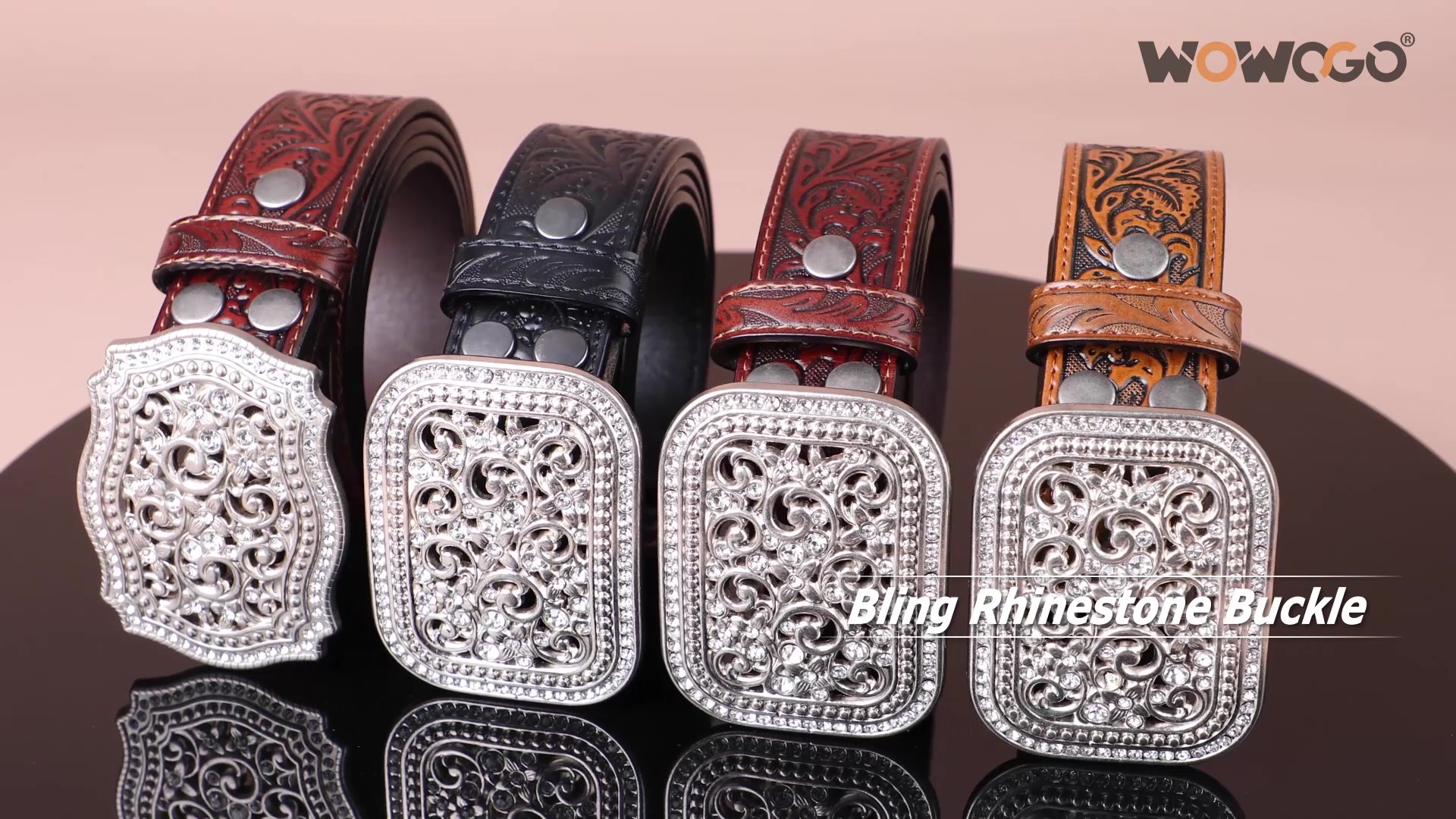 Western Genuine Leather Belt Tooled Floral Embossed Scrollwork Rhinestone Buckle Genuine Full Grain Western Floral Engraved Tooled Leather  main image 2
