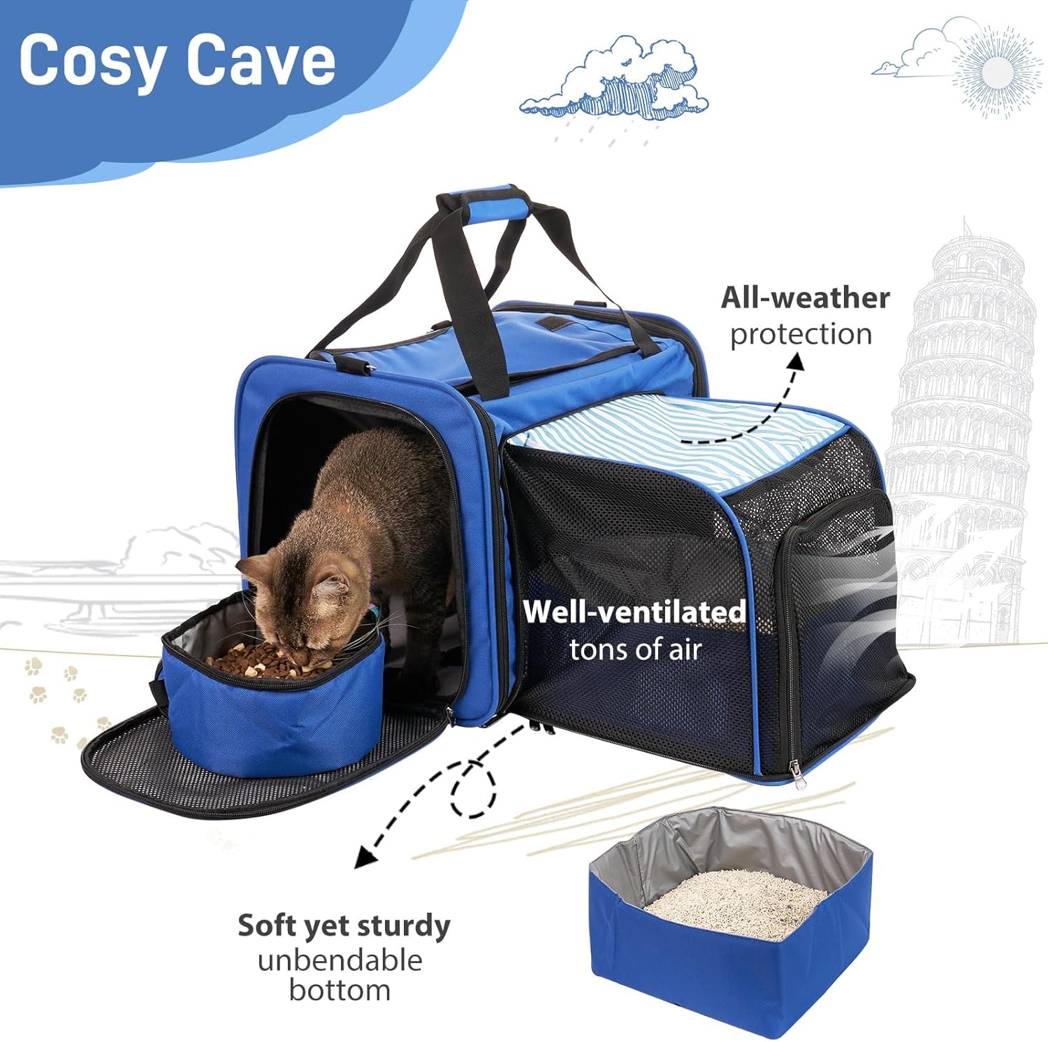 Cat Carrier with Litter Box, Expandable Cat Travel Carrier for Car with Bowl, 16.7"x12.5"x13.7" Soft Sided Pet Carrier for Car Travel, Collapsible Pet Carrier for Cats/Puppies up to 20 lbs, Blue