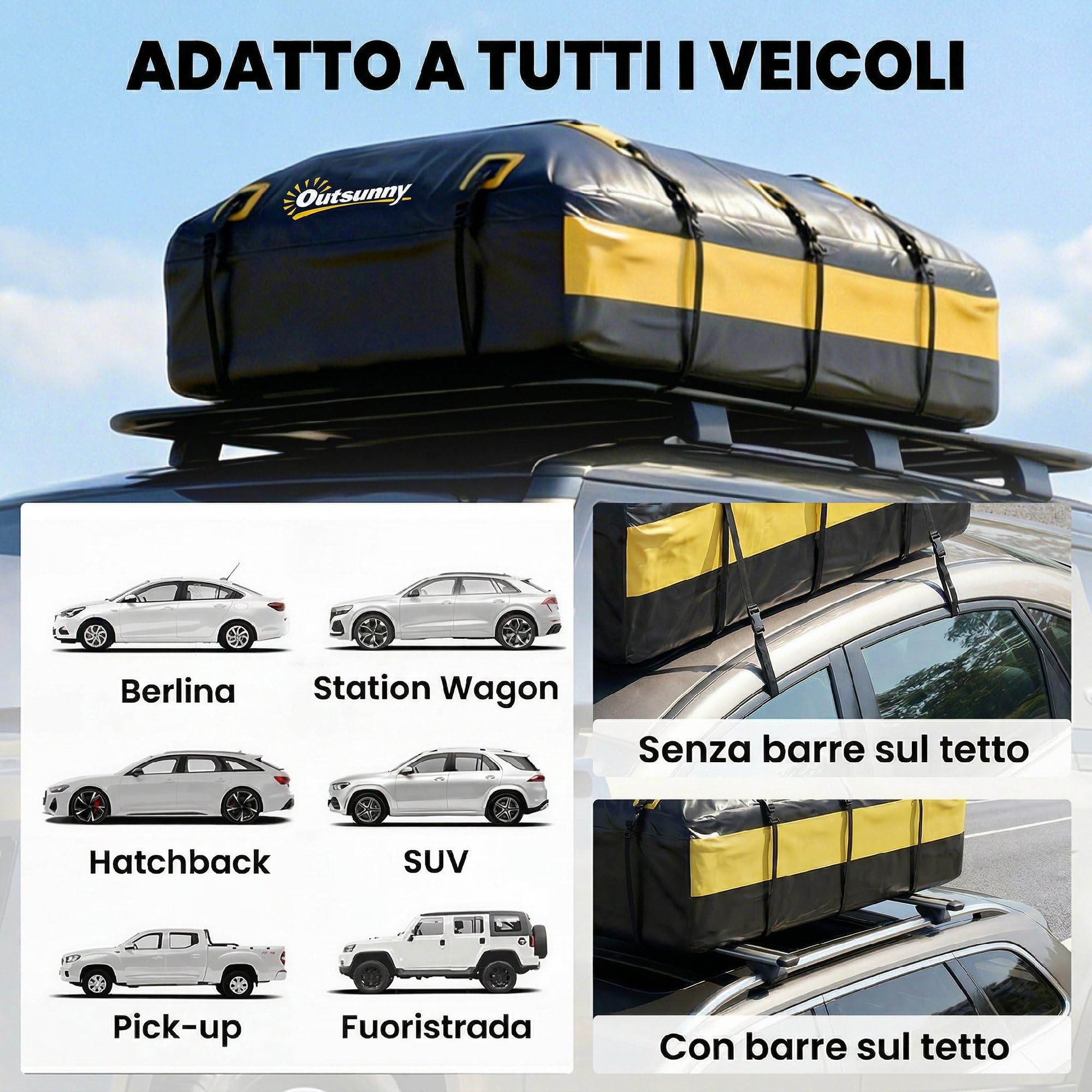 Outsunny Portabagagli da Tetto 595 Litri Impermeabile, Borsa da Tetto Auto con 6 Cinghie Rinforzate, Tappetino Antiscivolo e Ganci per Portiere, Adatto a Tutti i Veicoli con o senza Barre, Giallo