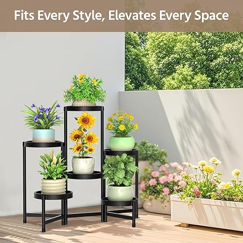 Miniatura 2 de LASZOLA Soporte plegable de 6 niveles para plantas de interior para múltiples macetas grandes, estante ajustable alto y resistente con estantería de