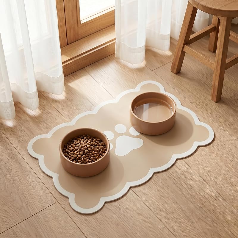 Tapete para alimentação de cães e gatos em couro PU com base antiderrapante Mvrdrae, Bege, 30,5 x 50,8 cm