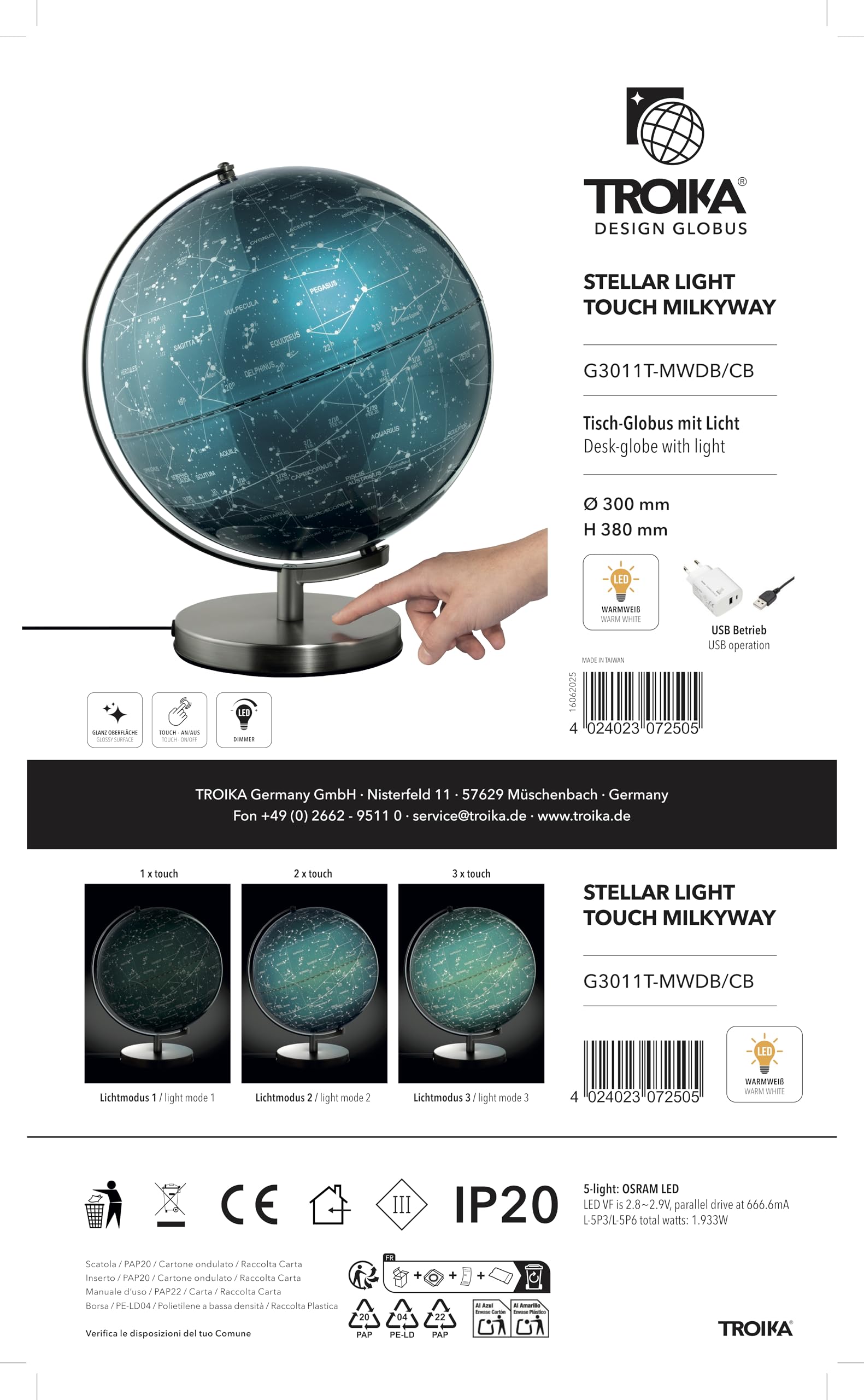 TROIKA Globus mit Sternenkarte beleuchtet Touch Funktion 30cm Durchmesser STELLAR LIGHT TOUCH Beleuchtung inkl. Ladestecker auf gebürstetem Metallfuß aus Kunststoff und Metall in blau