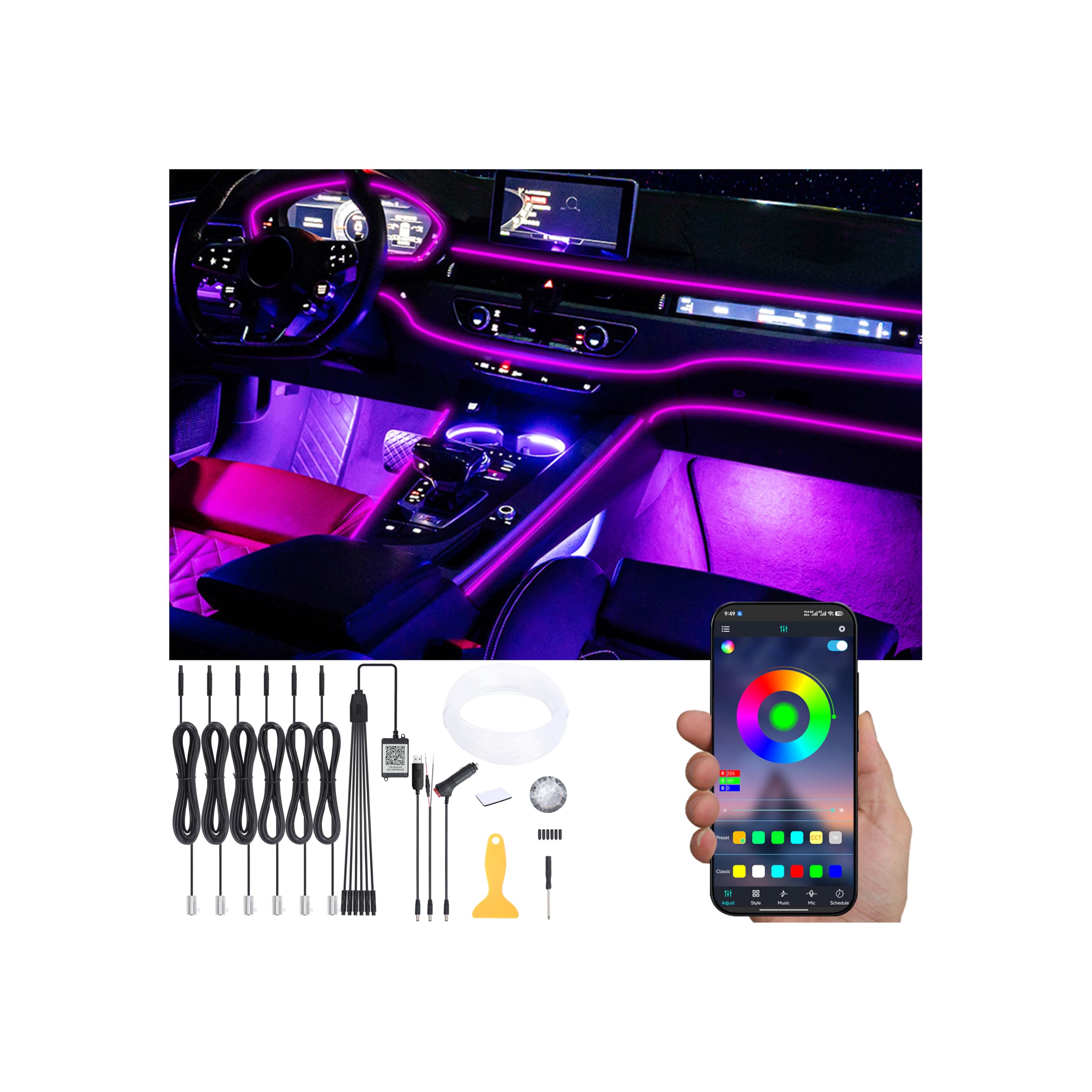 Voiture éclairage ambiant Fibre Optique 64 Couleurs Musique Son Actif avec APP contrôle Voiture décoratif kit d'éclairage de l'atmosphère DC 12V 1W 8m