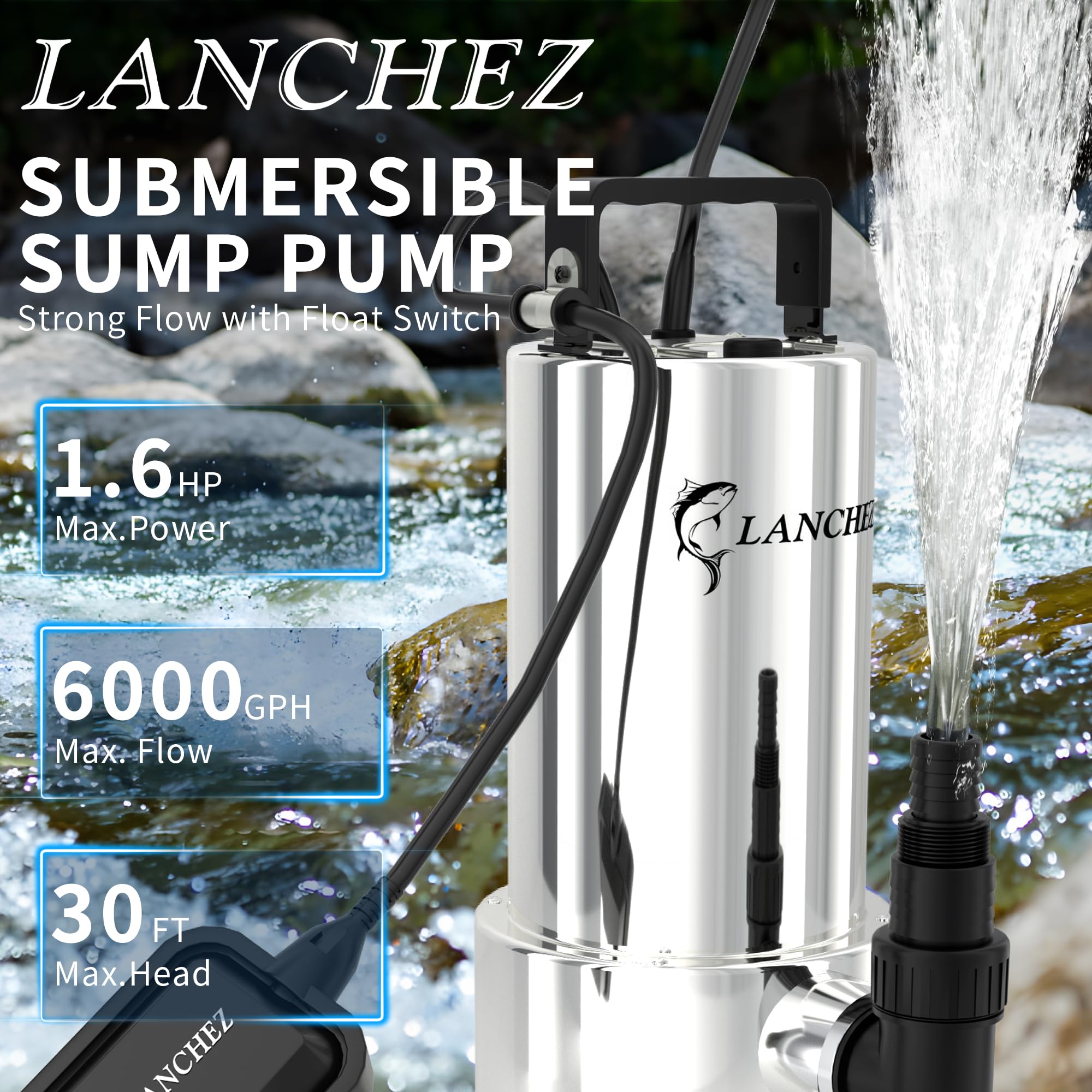 Condition photo showing New/Like New for lanchez 1.6hp 6000gph sump pump, stainless steel high flow submersible water pump with float switch, automatic transfer water pump for swimming pool basement flooded pit sewage sink tub, silver