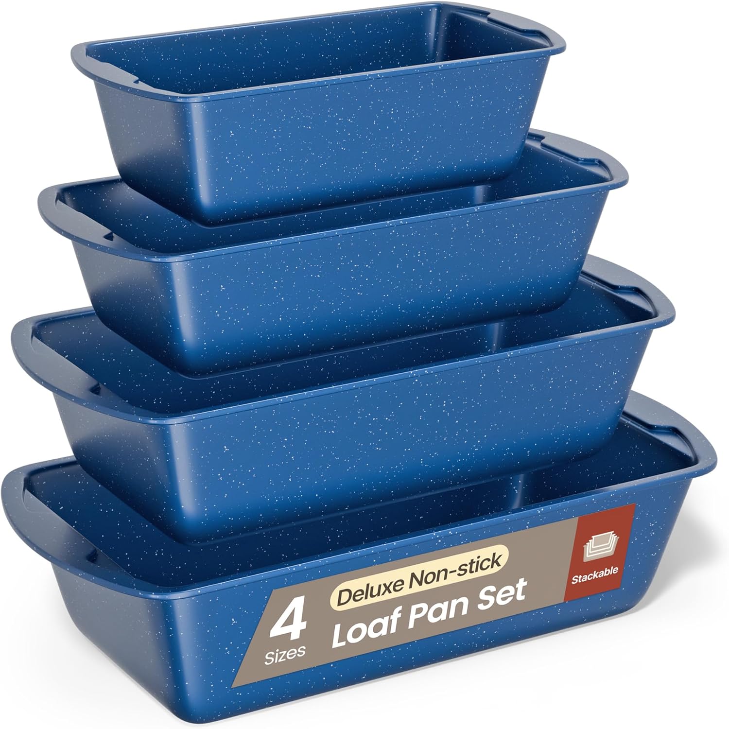 Nonstick Loaf Pan Set Pack of 4, 7" to 11" Large Baking Bread Pan, Oven Safe Up to 450°F, PFOA, PFOS, PTFE Free, Space Saving Stackable Design, Stain Resistant, Dishwasher Friendly, Blue Marble