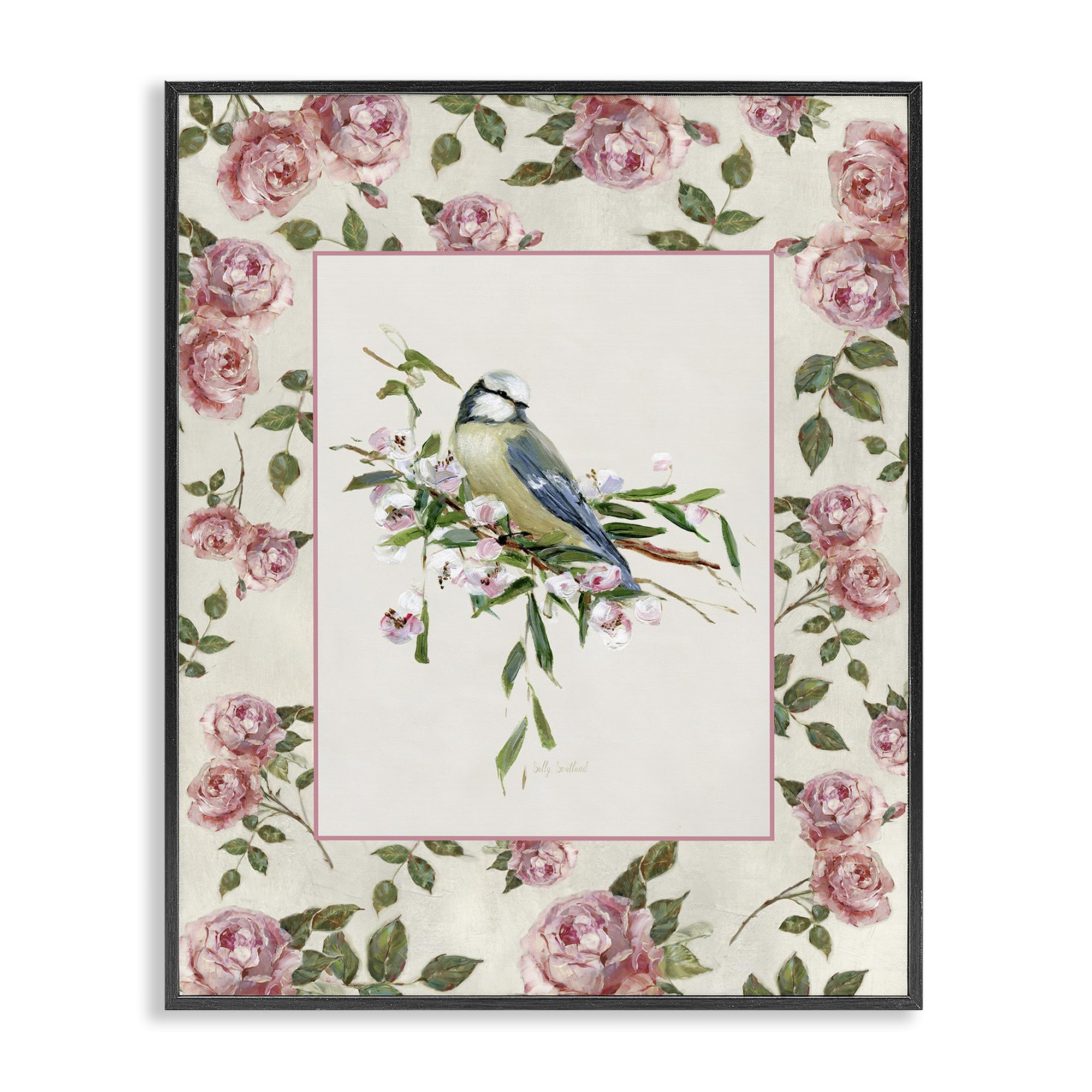 Stupell Industries Midnight Black (Textured) Dainty Roses Perched Bird Floral, 16 X 20 Inch Framed Giclée Print