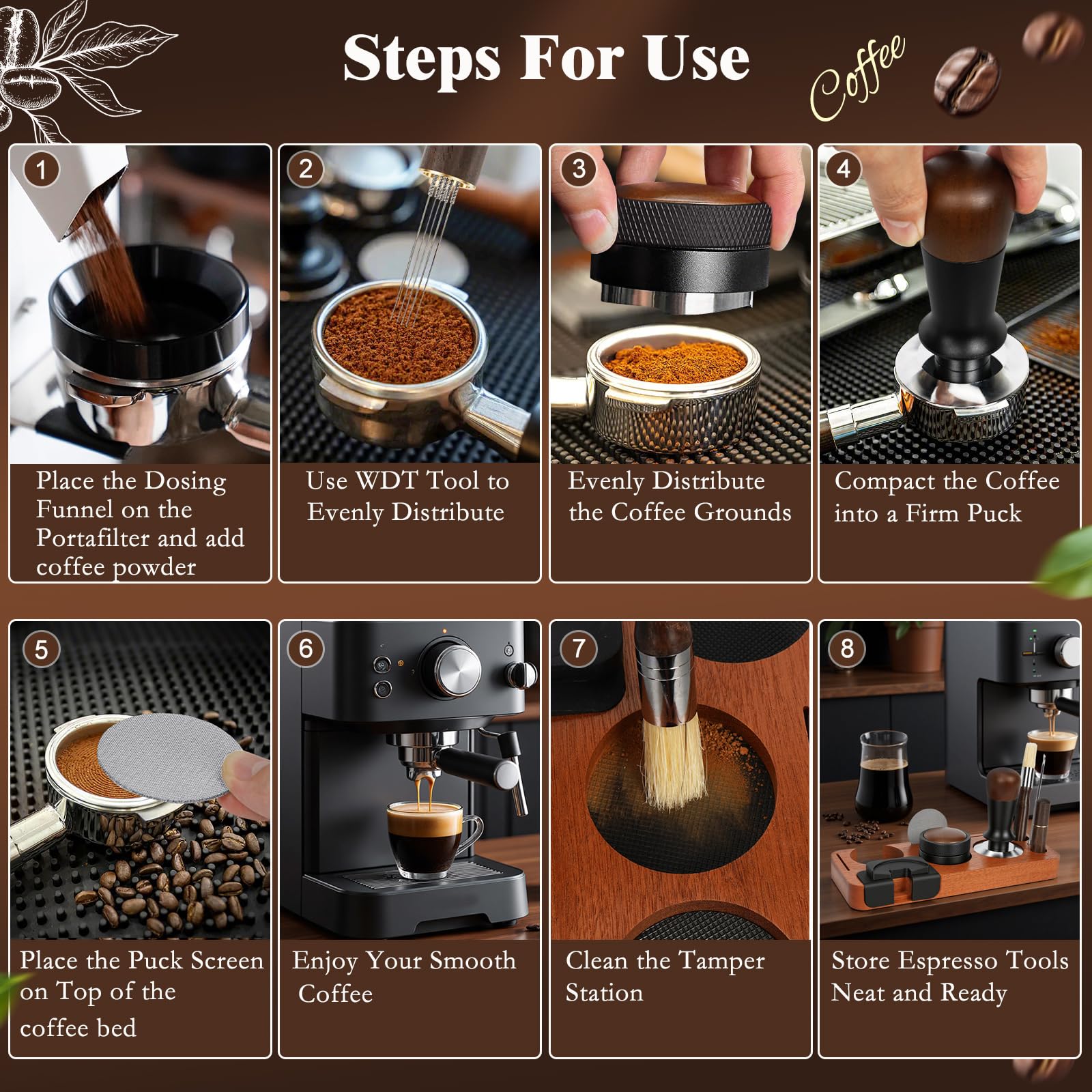 Y-Step Barista Zubehör 8pcs, 51mm Espresso Tamper Set, mit Tamperstation, Kaffee Distributor, WDT Tool, Schwerkraft Tamper, Dosierring, Puck Screen, Reinigungsbürste, Rührer, für Kaffeemaschine