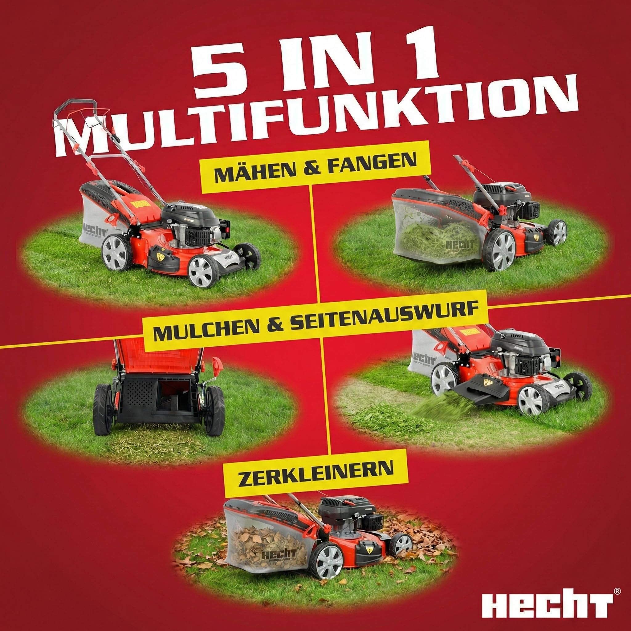HECHT Benzin Rasenmäher 51 cm mit Antrieb 5,2 PS | 5-in-1 Mulchfunktion, Seitenauswurf, 70L Fangkorb, Benziner für Gärten bis 1500 m²