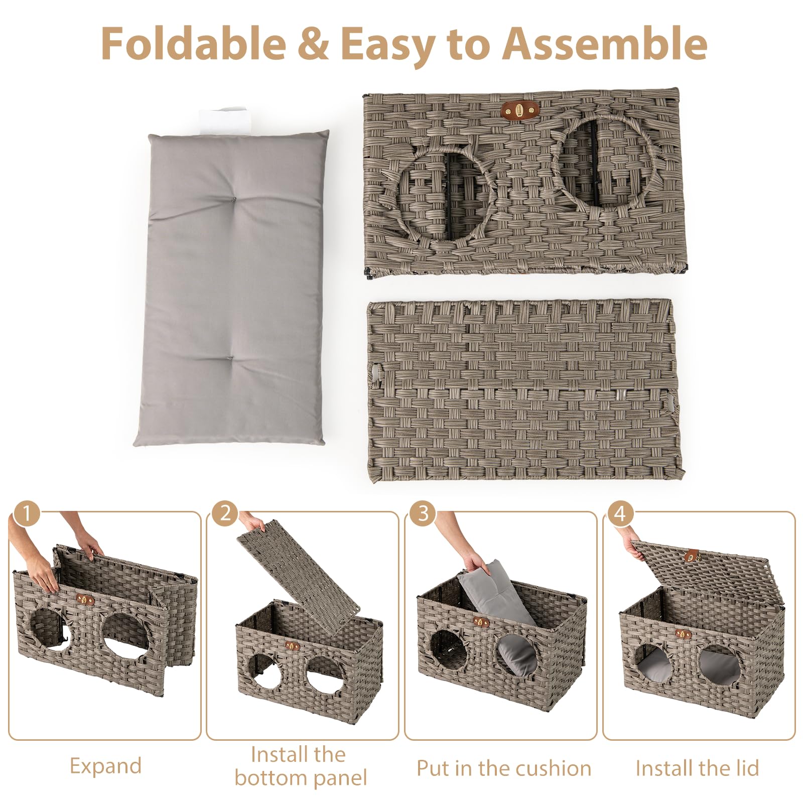 GYMAX Cuccia pieghevole per gatti, in rattan, con cuscino morbido lavabile e coperchio bloccabile, per interni, soggiorno e camera da letto (grigio, 60 x 35 x 35 cm)