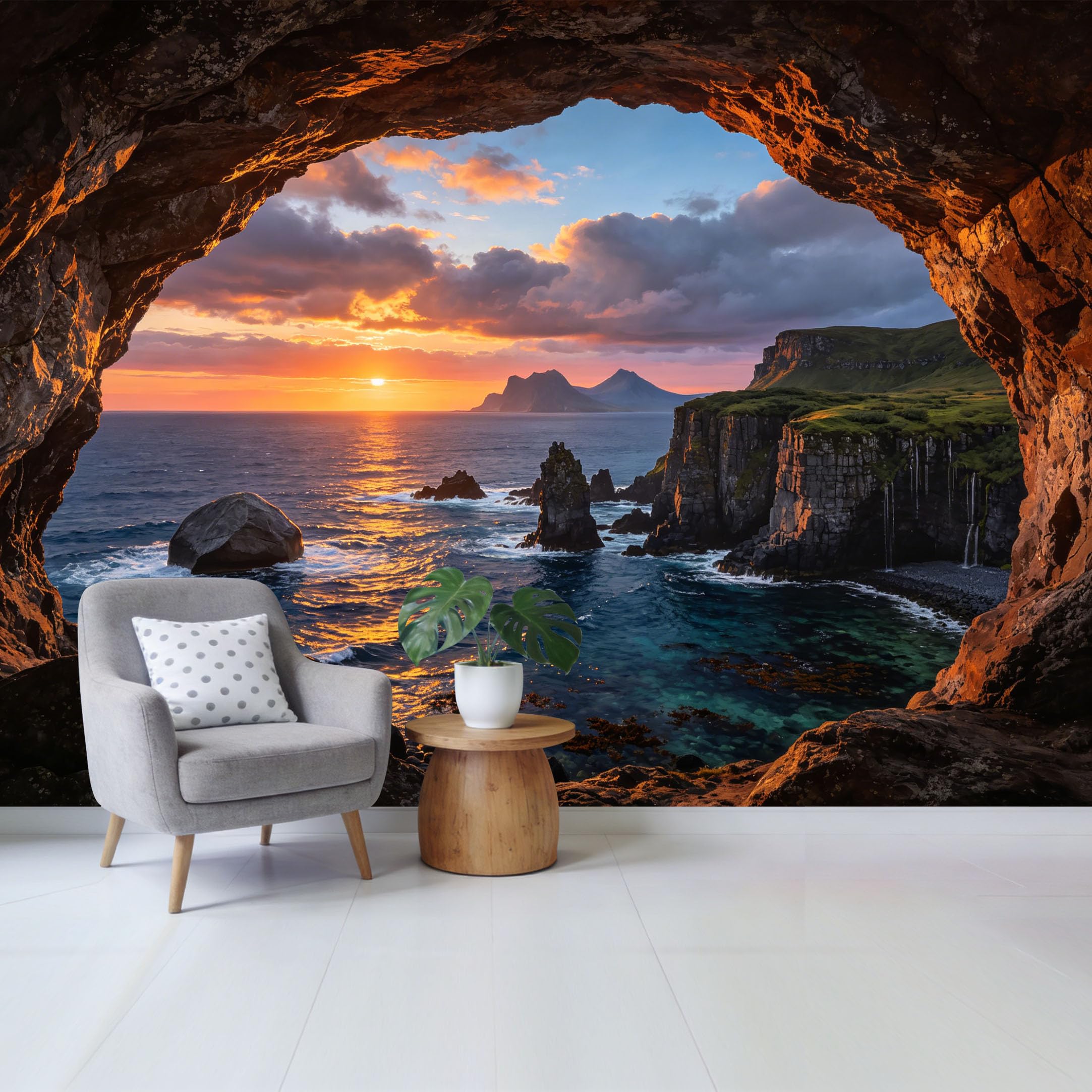 Custom Size Wall Mural Coastal Sunset Ocean Cliff View from Cave Removable Self Adhesive Fabric， Home Wall Decor for Living Room Bedroom Bathroom