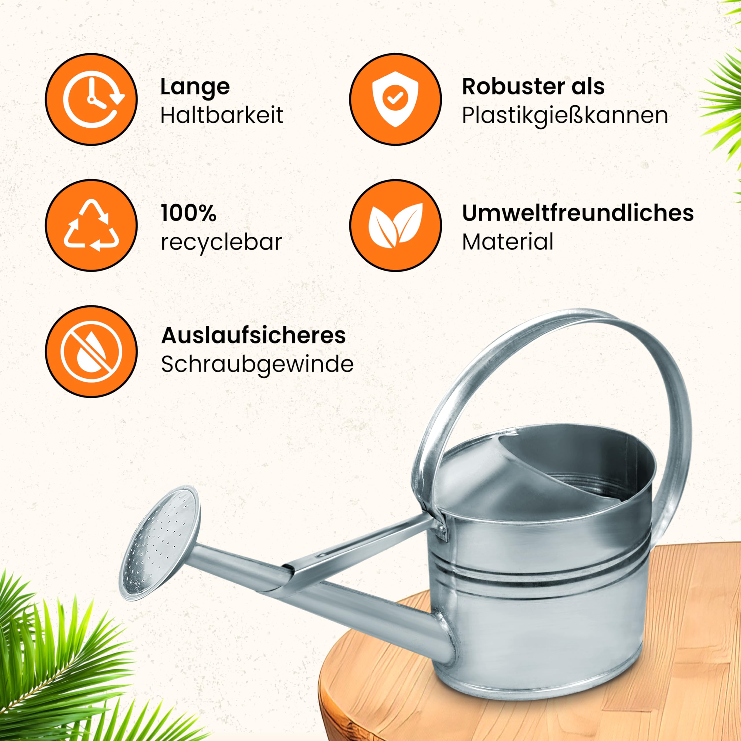 HRB Zinkgießkanne 10 L, Gießkanne feuerverzinkt, langlebige Metallgießkanne für den Innen- und Außenbereich Giesskanne mit Gießbrause Bewässerungssystem (Silber, Zinkgießkanne, 10 L)