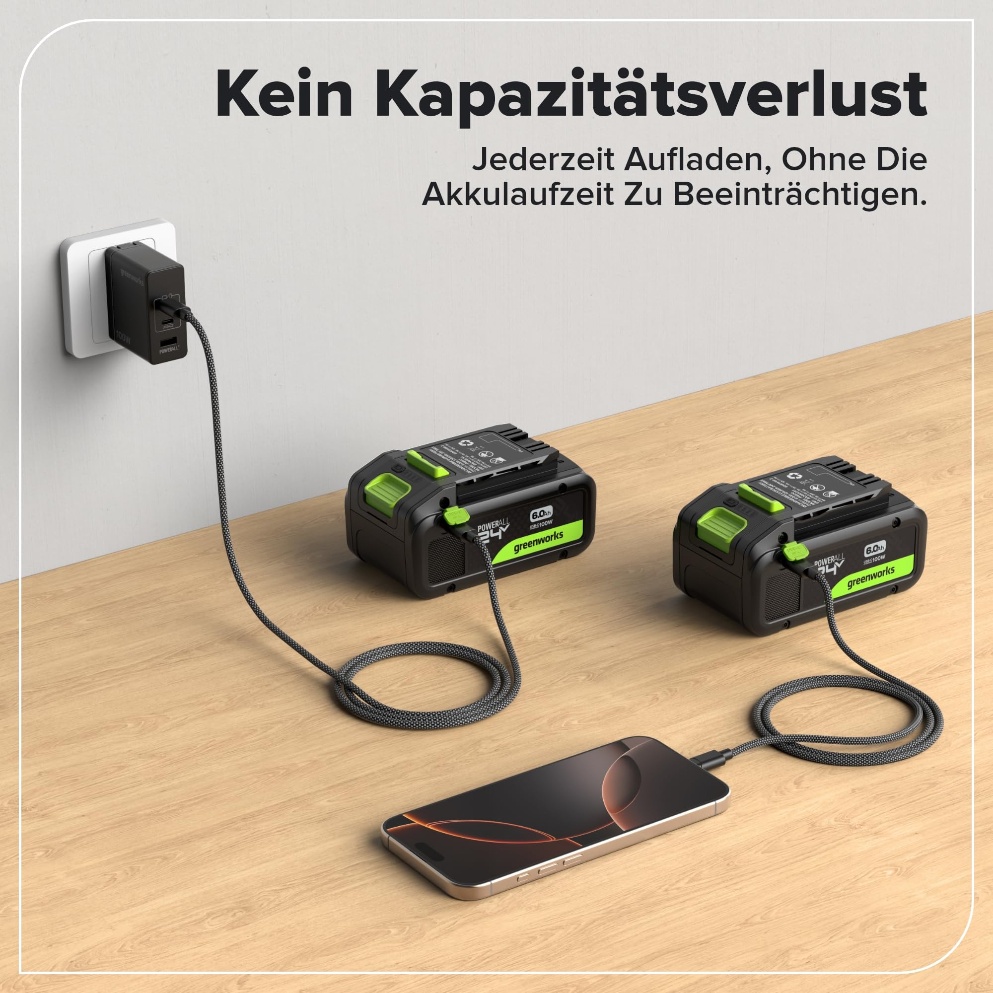 Greenworks 24V 6Ah Akku High Power USB-C (Li-Ion 24V 6,0 Ah wiederaufladbarer leistungsstarker Akku passend für alle 200+ Greenworks 24V Geräte), 2 Jahre Garantie - PA600