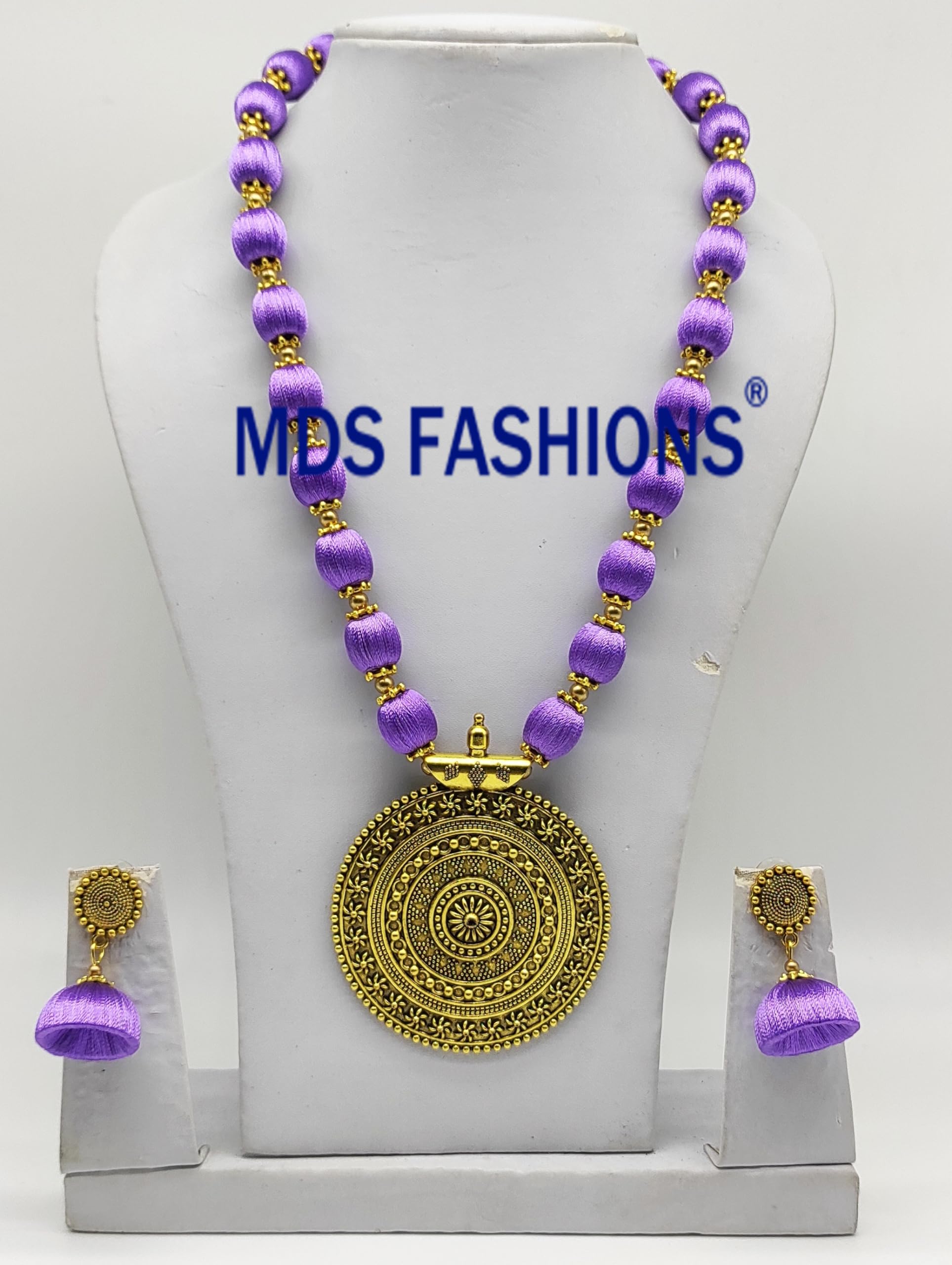 MDS FASHIONS Silk Thread Beads with Antique Chakra Necklace and Earrings set for Beautiful Women (MDS-1046) (Lavender) 1