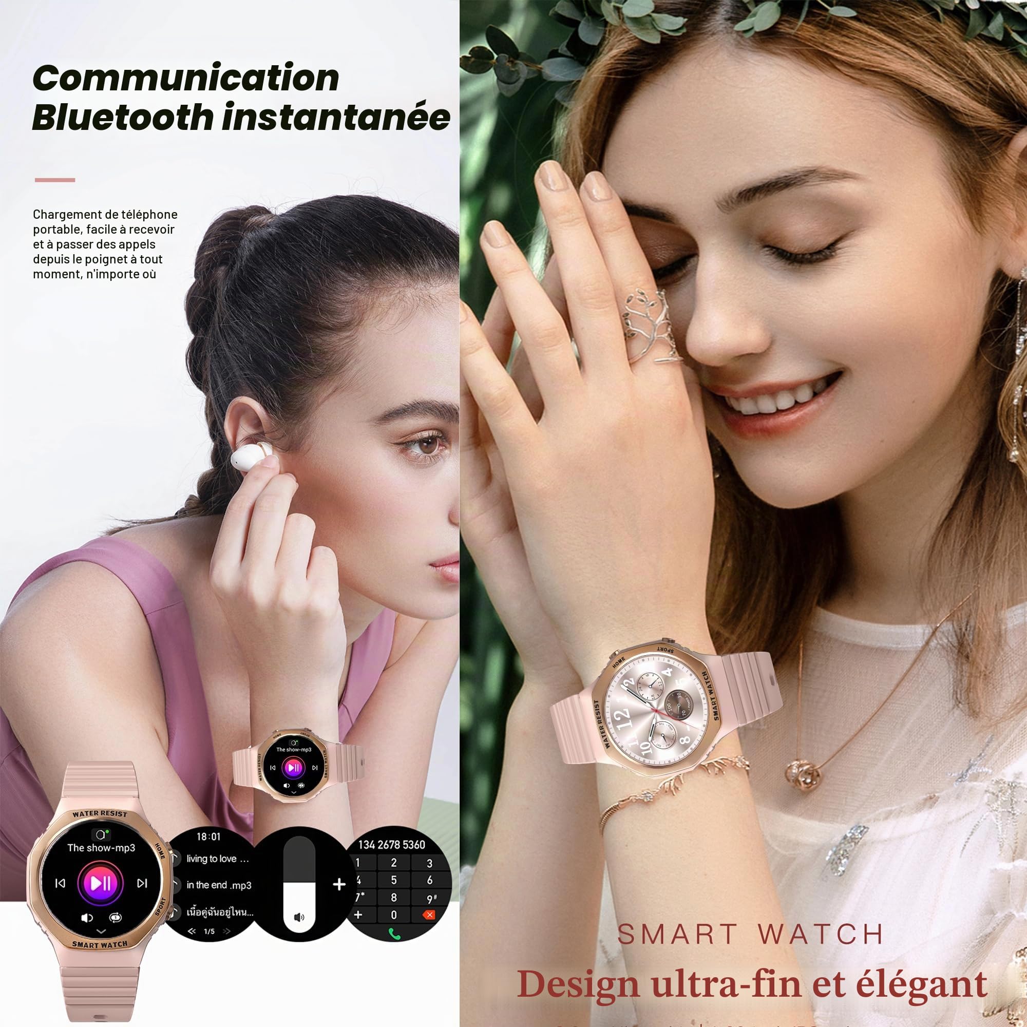 Montre connectée Femme avec Appel Bluetooth, 1,32" AMOLED 5ATM Étanche Smartwatch, Suivi de Santé Feminine, Fréquence Cardiaque Tracker d'activité, Sommeil, SpO2, Smart Watch pour iOS Android (Or)