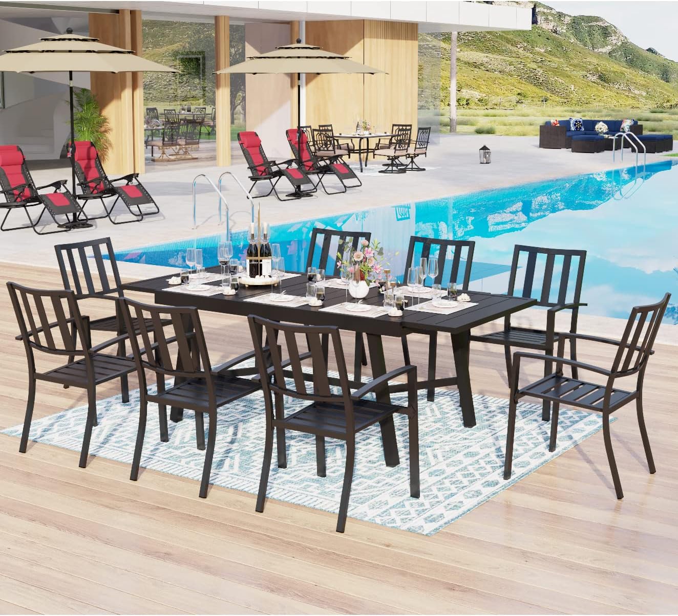 MFSTUDIO 9 PCS Patio Metal Dining Sets, Outdoor Furniture Sets with 8 Steel Slat Stackable Chairs and 1 Rectangular Expandable Table for Porch, Lawn, Backyard, Garden (Black)