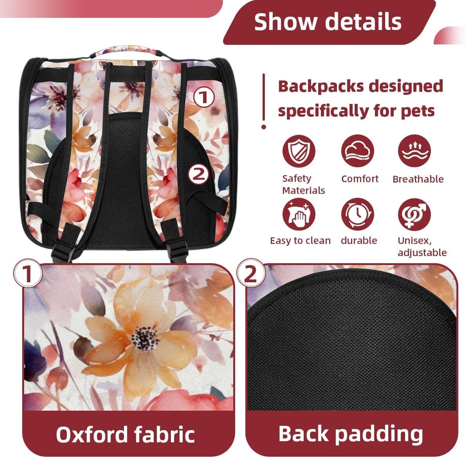 Portable Travel pet Backpack Carrier Hamster Bag Small Dog cat Carrier Breathable Hang Bag, Floral Pattern with Flowers