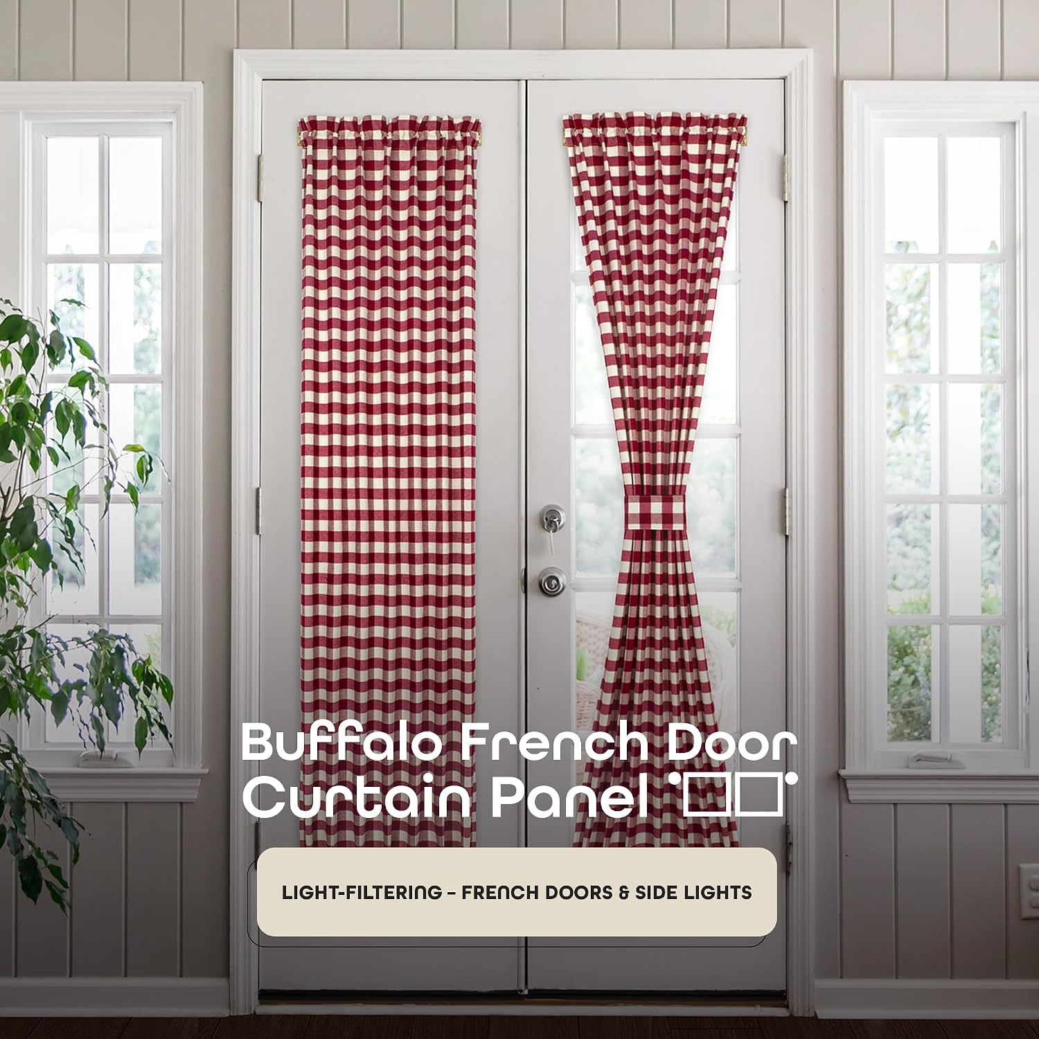 Light Filtering French Door Curtain Panel - 25" x 72"- Sidelight Window Coverings with Adjustable Tieback for Living Room, Patio & Front Doors - Machine Washable Drapes - Buffalo Check Burgundy
