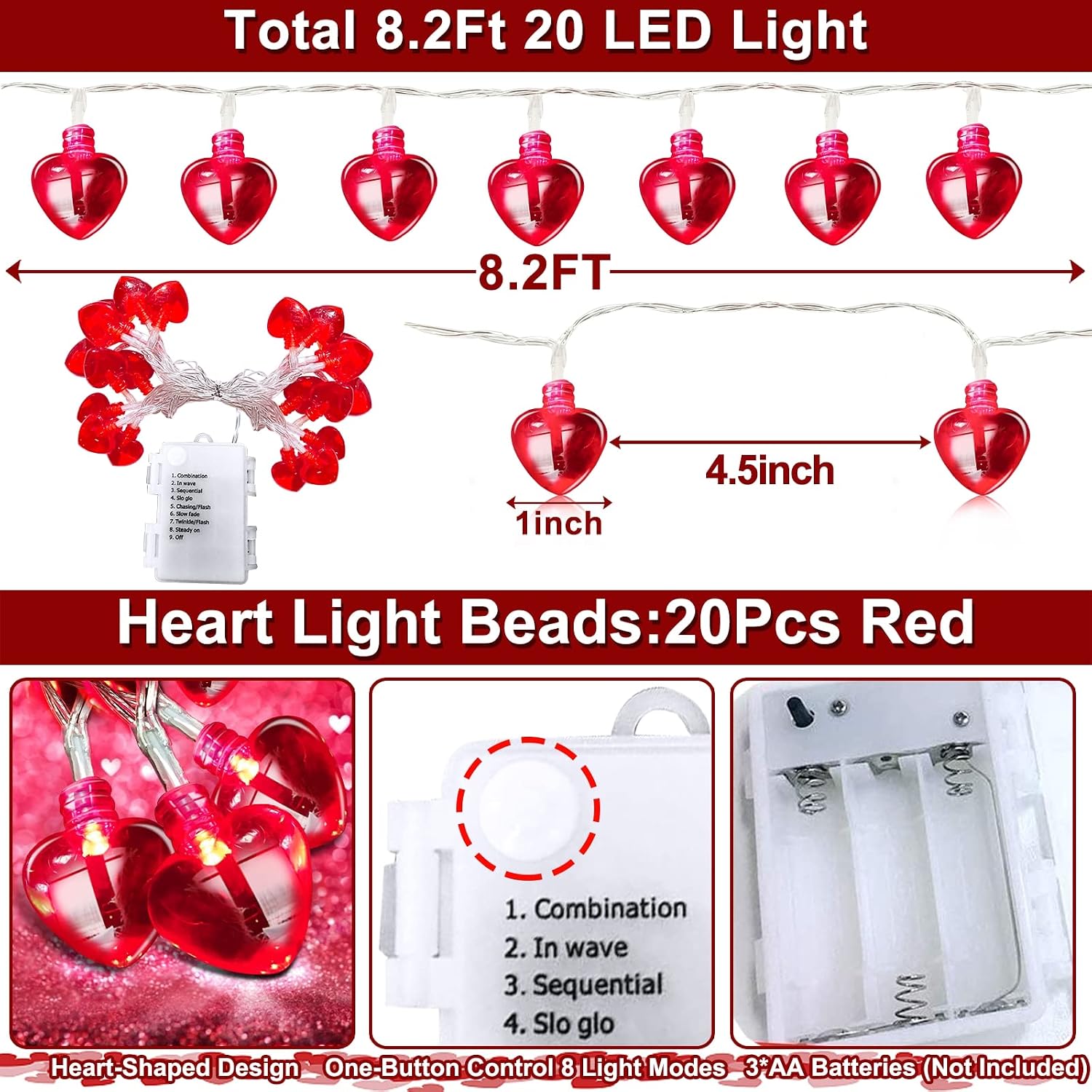 [ 8 Modes & Timer ] Valentine's Day String Lights Decorations, 8.2 FT 20 LED 3D Red Heart Shaped Battery Operated Valentine's Day Decor for Indoor Home Bedroom Wedding Anniversary Party Supplies