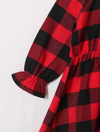 AWIBMK Mommy and Me Dress Long Puff Sleeve Christmas Black White Green Red Plaid Dress Fall Winter Family Matching Outfits