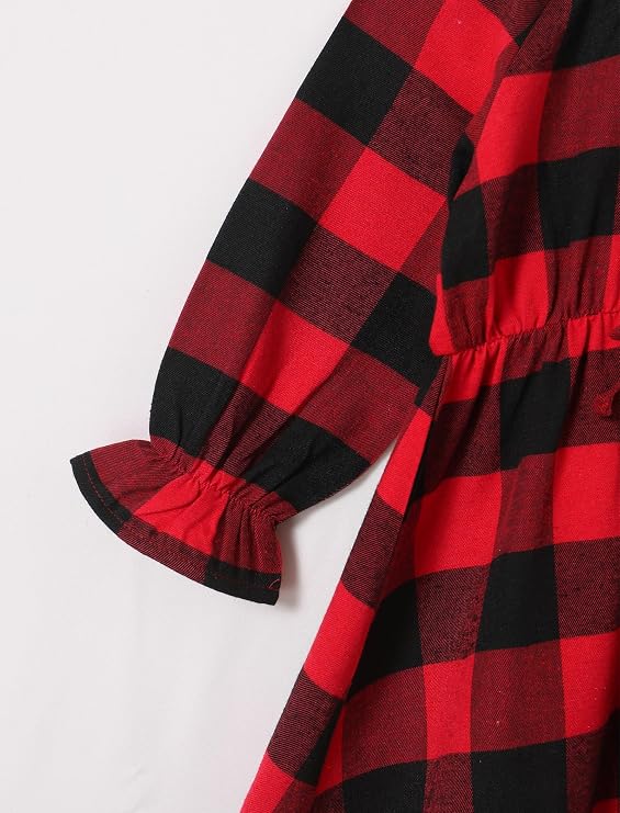 AWIBMK Mommy and Me Dress Long Puff Sleeve Christmas Black White Green Red Plaid Dress Fall Winter Family Matching Outfits