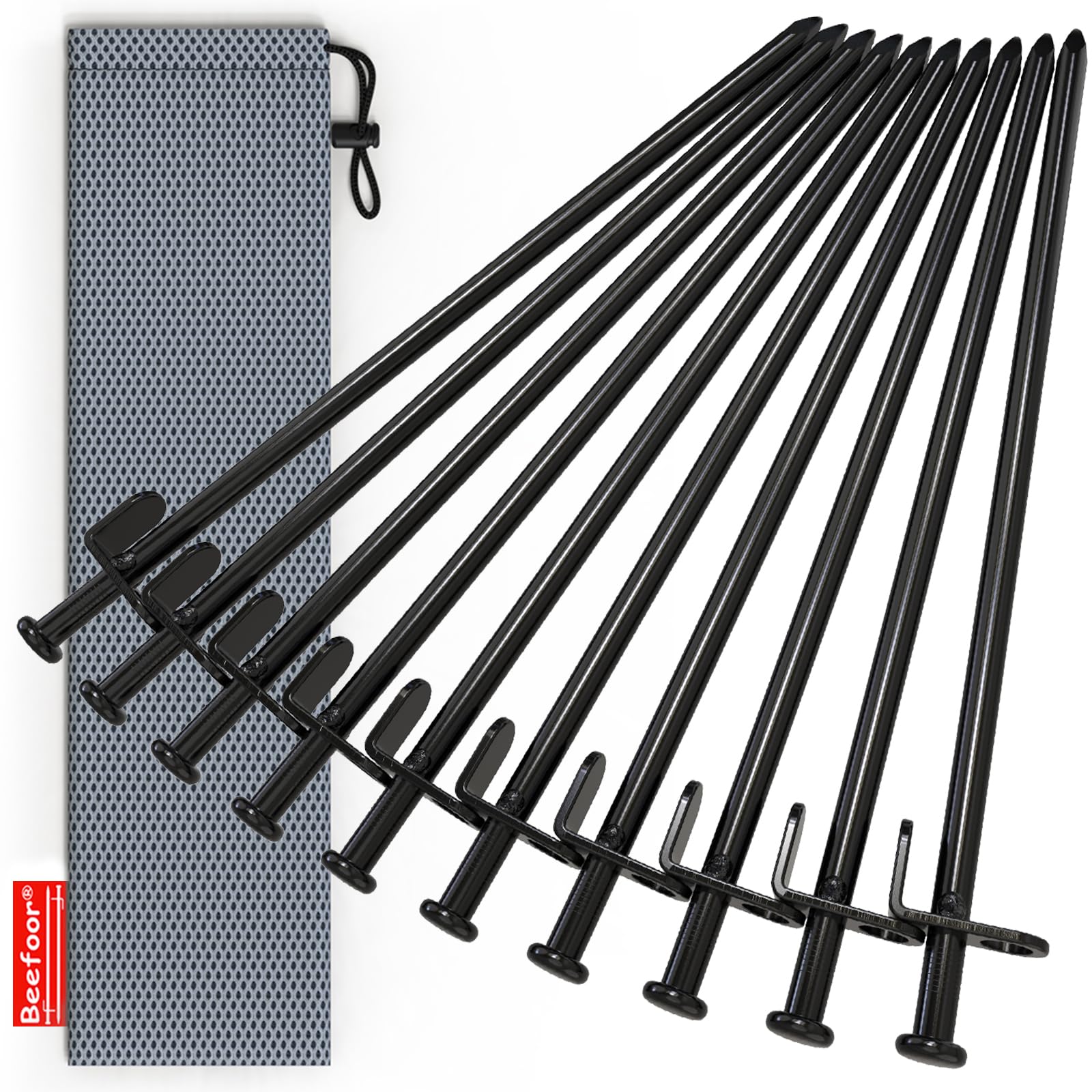 Beefoor 12In-10Park Barefour Tent Stakes, Heavy Duty Camping Stakes 12-Inch Forged Steel Tent Pegs Unbreakable And Inflexible Available In Rocky Place Dessert Snowfield And Grassland(10-Pack)
