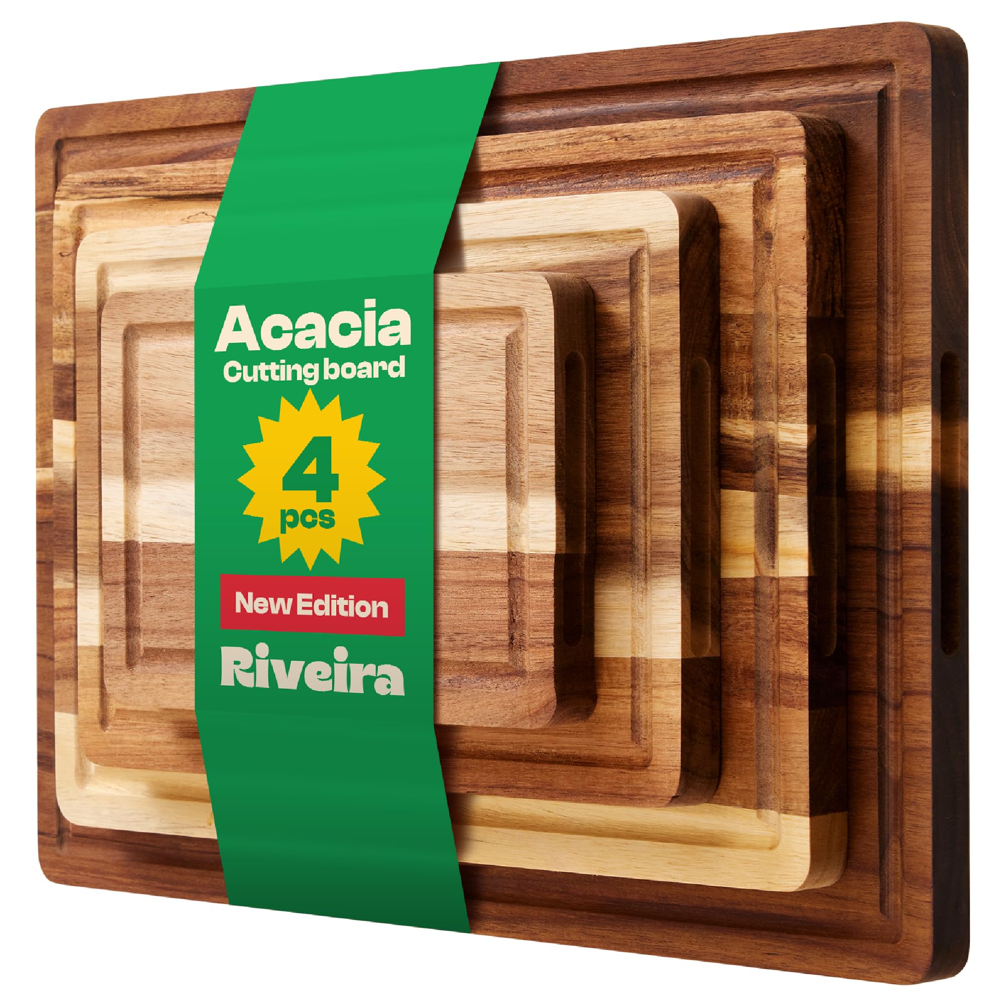 RiveiraAcacia Wood Cutting Board – Versatile and Durable: Set Of 4 Pcs Rectangular Wooden Cutting Board – Natural Wooden Cutting Boards For Kitchen – Complete Acacia Wooden Chopping Board
