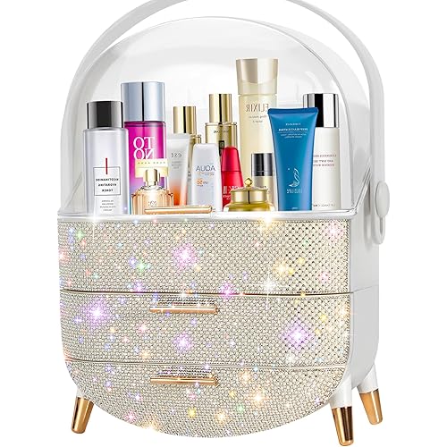 MASSY Egg Shape(Oval) Makeup Storage Box, Countertop Portable Vanity Cosmetics Organizer Preppy Style (Rhinestone White)