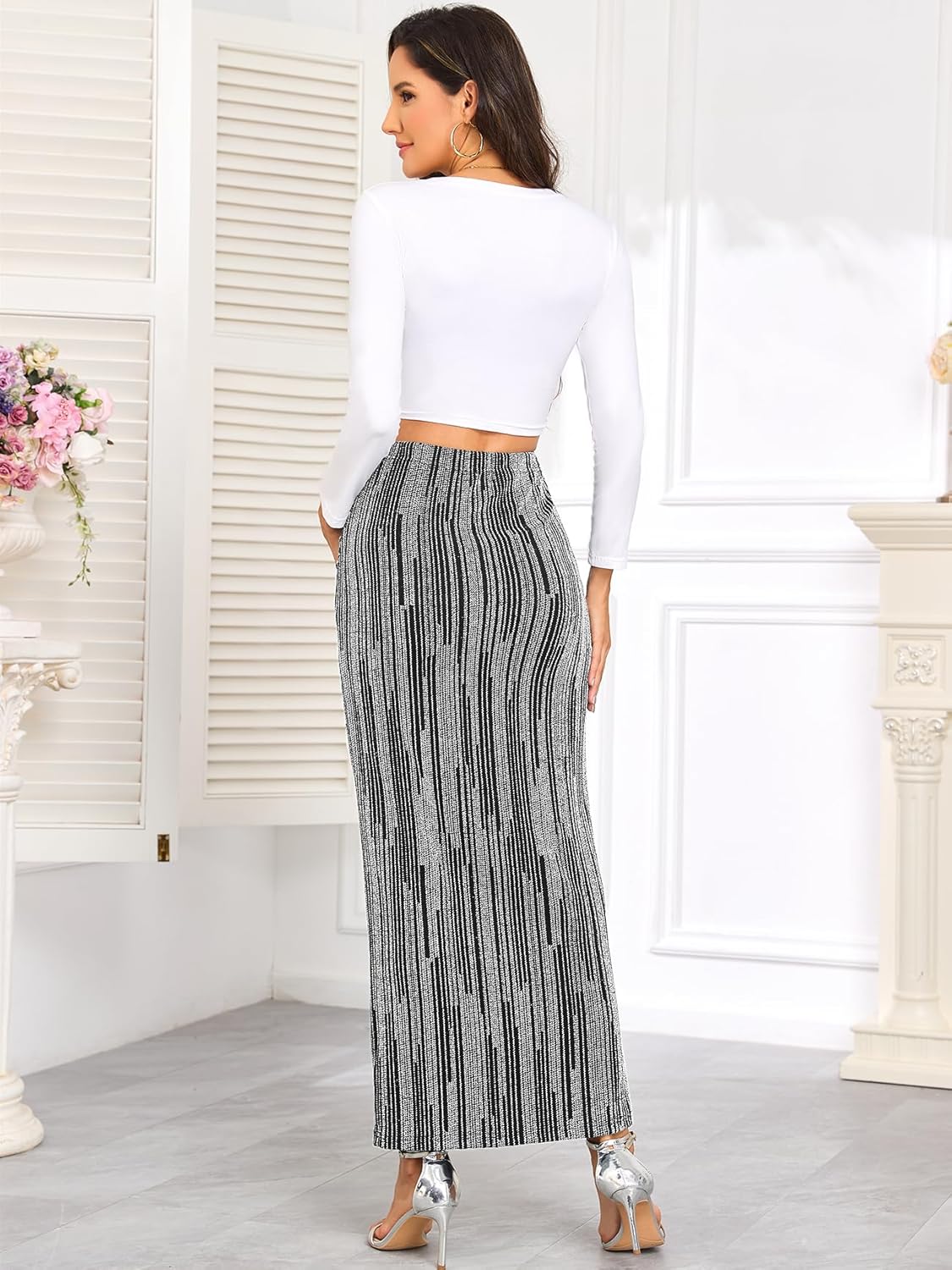 Maternity Sparkly Adjustable Waist Maxi Skirt Over The Belly Stretchy Pregnancy Long Pencil Skirts - Image 3