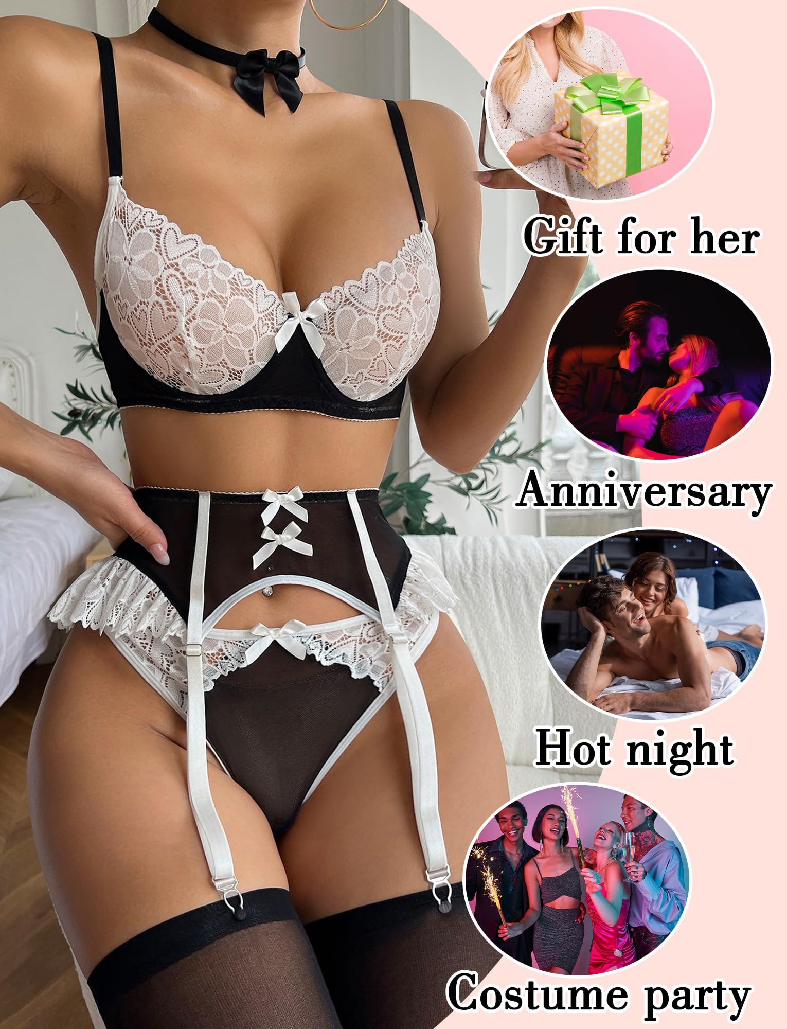 Aivtalk Women's 3 Piece Maid Lace Colorblock Underwire Costume Lingerie Set: Large D
