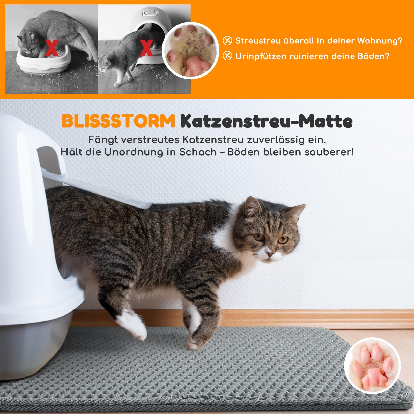 Katzenklo Matte 120x70cm Doppelschicht Katzenmatte Dunkelgrau | Wasserundurchlässig Katzenstreumatte mit Anti-Rutsch Bienenwabenmuster Katzenmatte für Alle Katzen