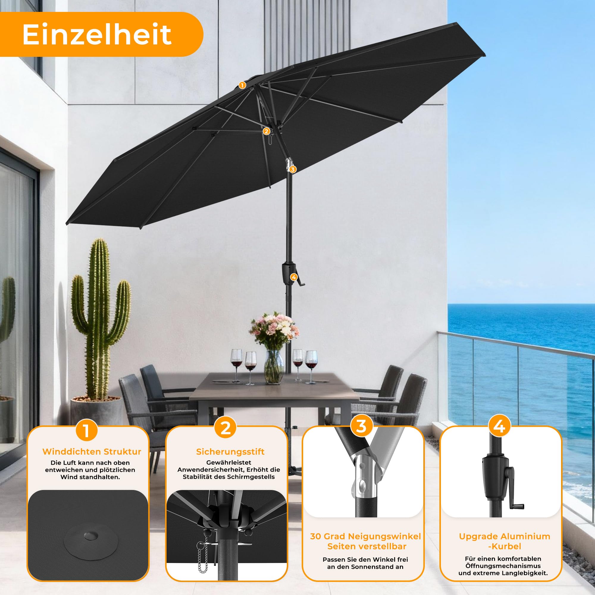 HOMEDEMO Aluminum Sonnenschirm Gartenschirm mit Kurbel, Marktschirm Terrassenschirm,Ø 300 cm, Tischschirm für Terrasse, Garten, Balkon, Pool, patio umbrella Anthrazit，Schutz 50+ Neigbar