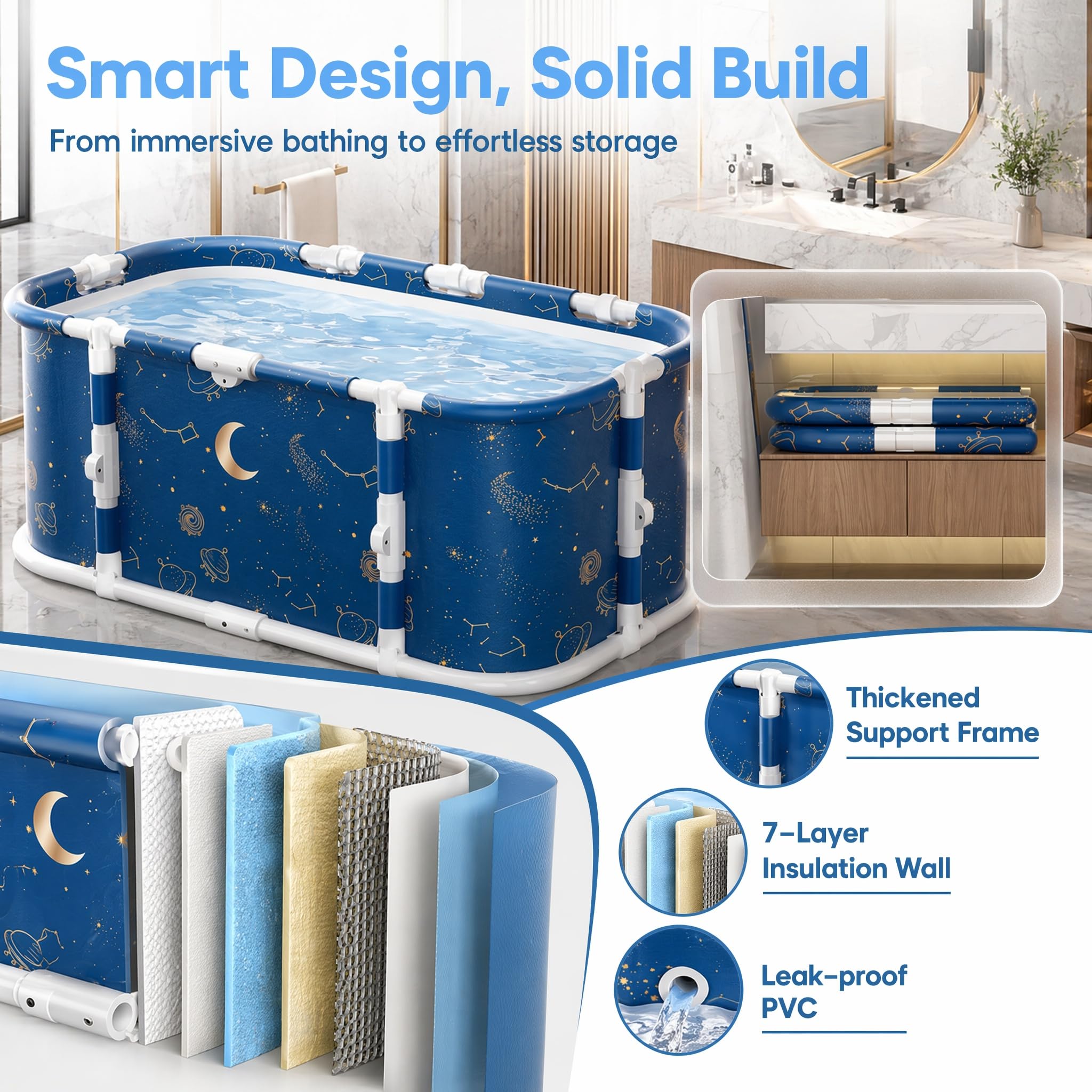 120×60×50cm faltbare Badewanne Erwachsene, tragbar mit Duschanschluss | Für Eisbad & Warmspa, innen & außen nutzbar, platzsparend zusammenklappbar ohne Montage