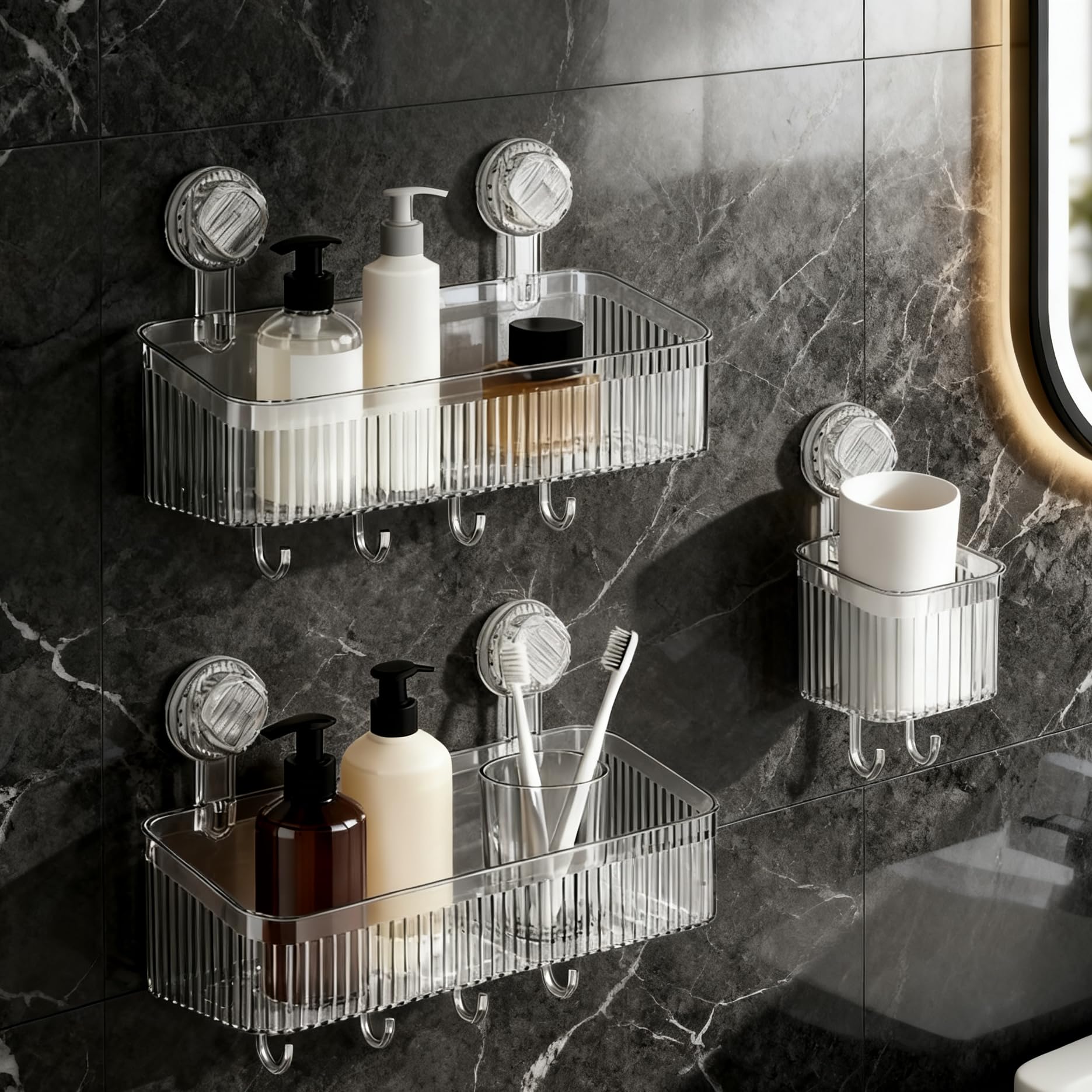 CQKEDMA Suction Cup Shower Caddy Shower Shelves 3 Pack Wall Storage Shelves No Drilling with Movable Hooks Toothbrush