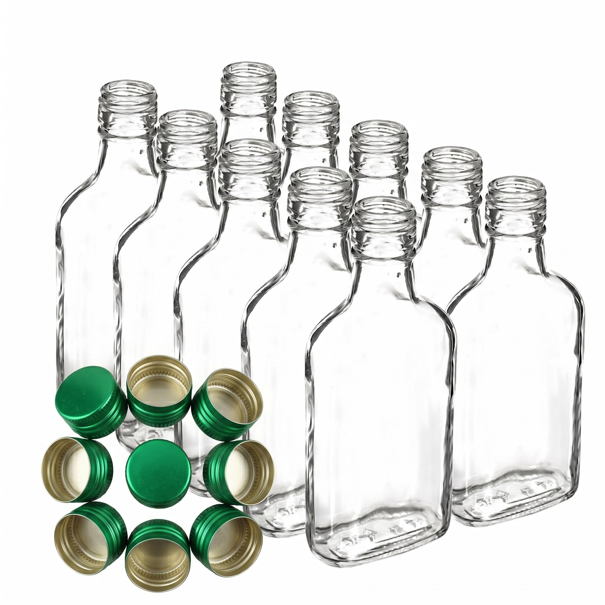 DIAH DO IT AT HOME 10x 200ml Clear Glass Flask Bottles with Airtight Green Metal Screw Caps - Empty Mini Bottles for Home Brewing, Gin, Vodka, Spirits, Liqueurs, Oils & DIY Party Favors