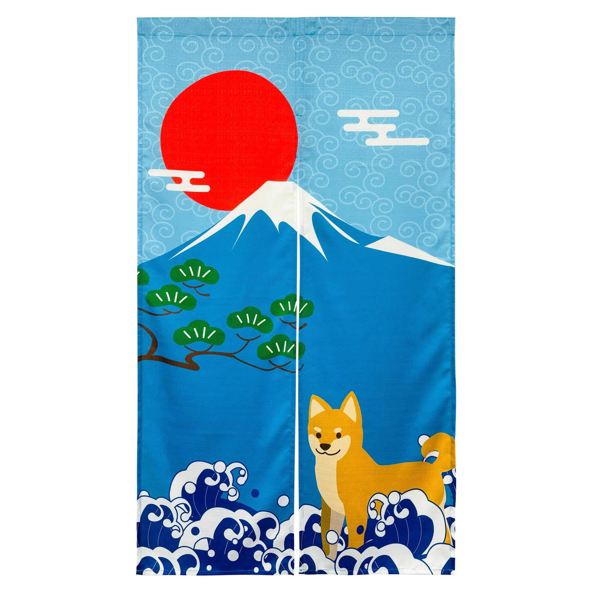Japanese Noren Door Curtain Shiba Inu Dog Mt Fuji Blue 33.5x59in